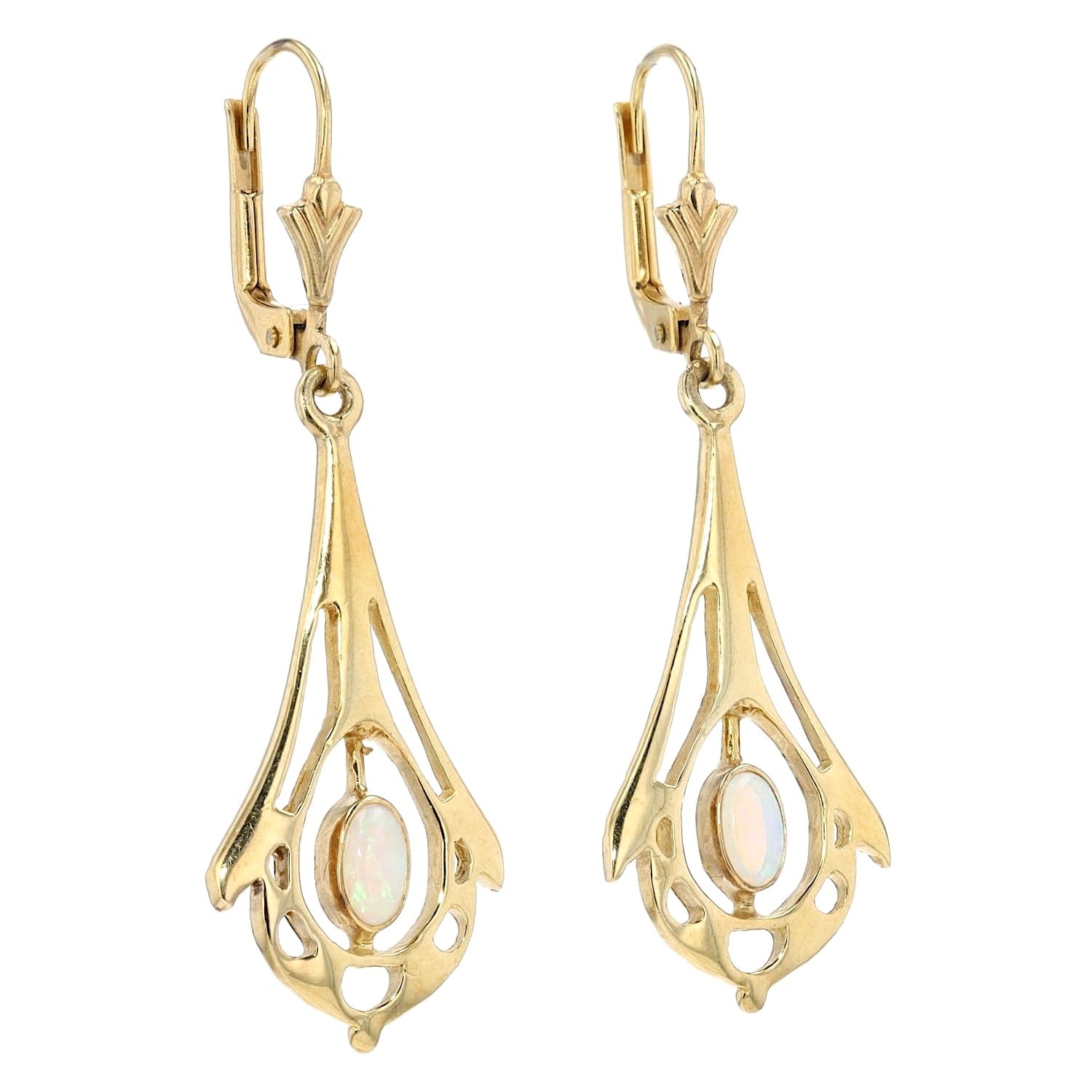 Jugendstil Ohrringe in 333er Gelbgold mit je einem Opal, hängend rechts gedreht