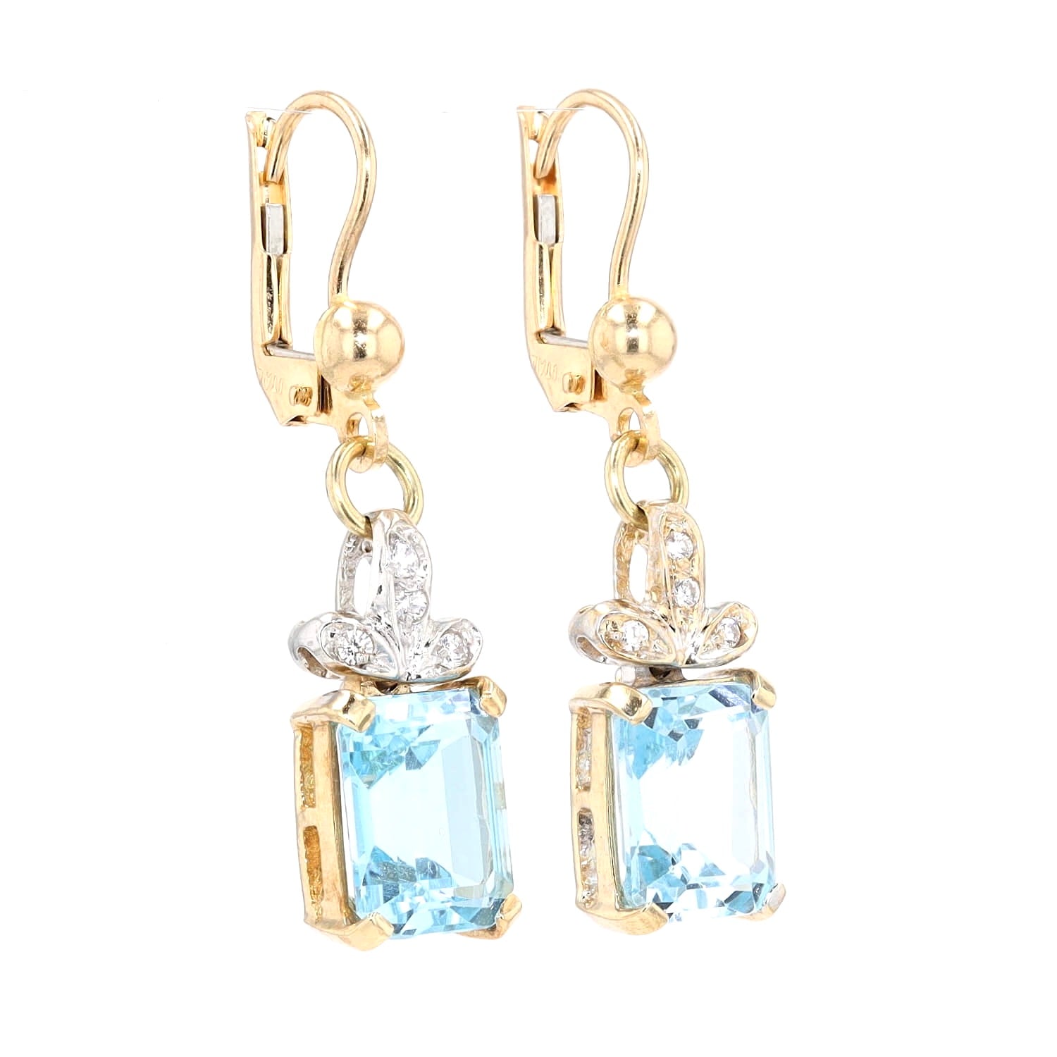 Ohrringe in 585er Gelb- und Weißgold mit blauen Topasen und weißen Cubic Zirkonias , hängend rechts gedreht