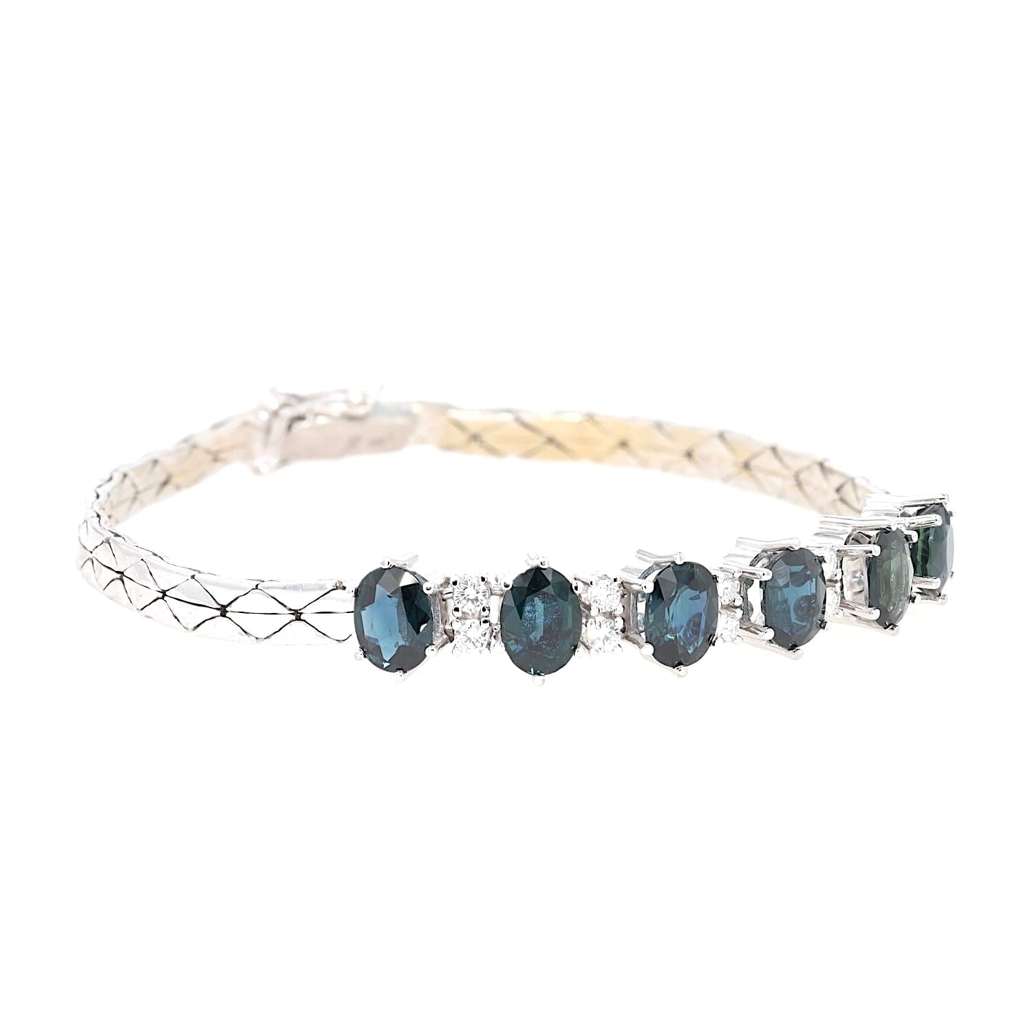 Vintage Armband in 585er Weißgold mit blauen Saphiren und Brillanten, liegend rechts gedreht geschlossen