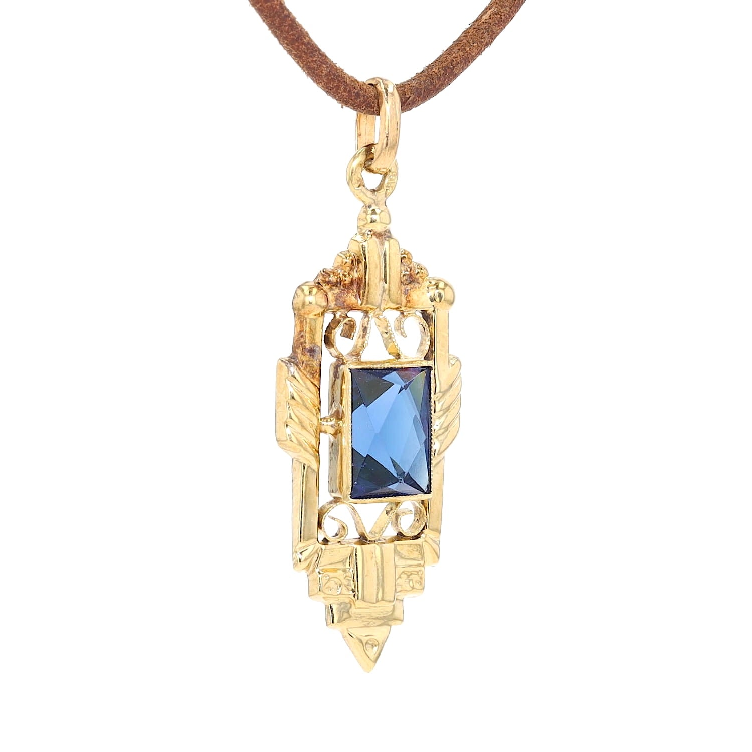 Antiker Anhänger in 585er Gelbgold mit einem blauen Glasstein, hängend rechts gedreht