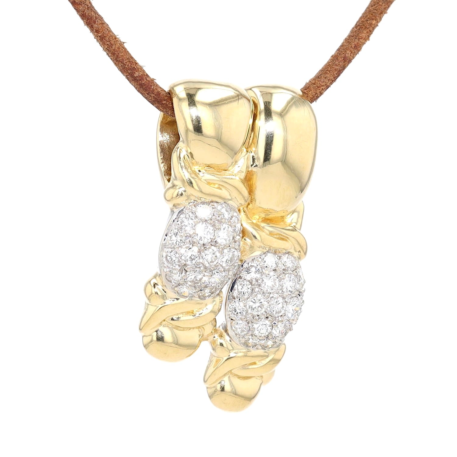 Anhänger in 750er Gelbgold mit Brillanten, hängend an einem braunen Lederband rechts gedreht