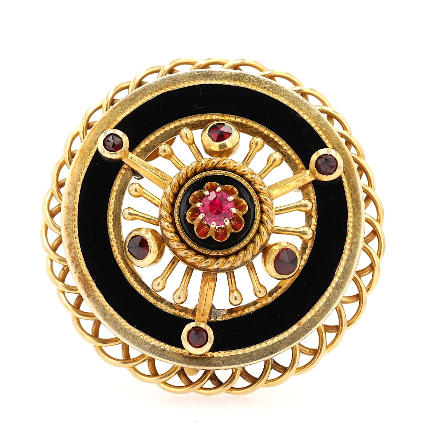 Viktorianische Brosche in 585er Gelbgold mit einem Rubin, Granate und schwarzer Emaille, stehend frontal von vorne