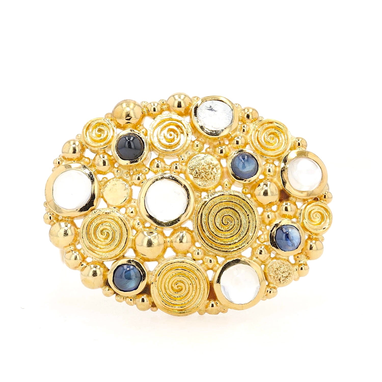 Brosche in 750er Gelbgold mit blauen Saphiren und Mondsteinen, stehend frontal