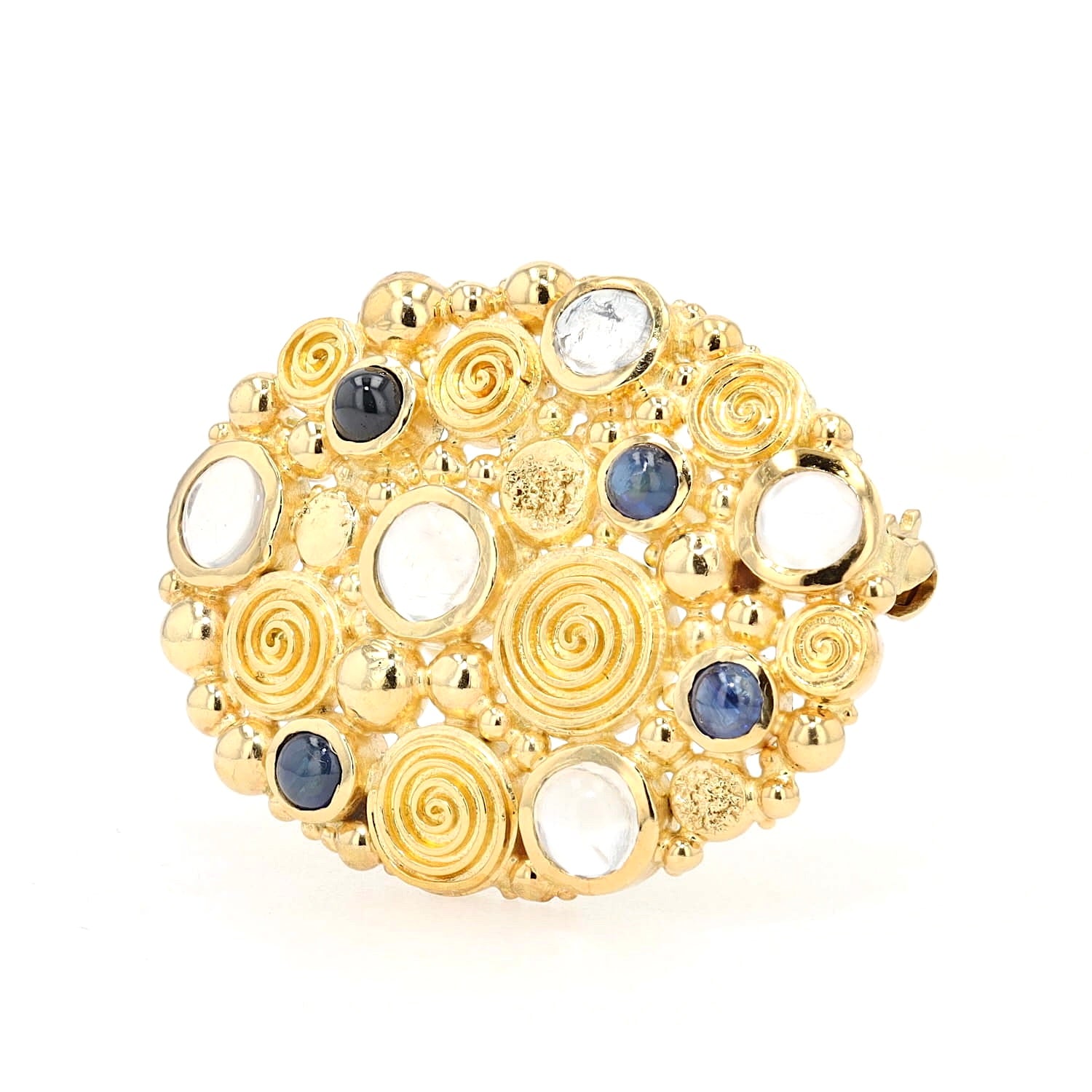 Brosche in 750er Gelbgold mit blauen Saphiren und Mondsteinen, stehend inks gedreht