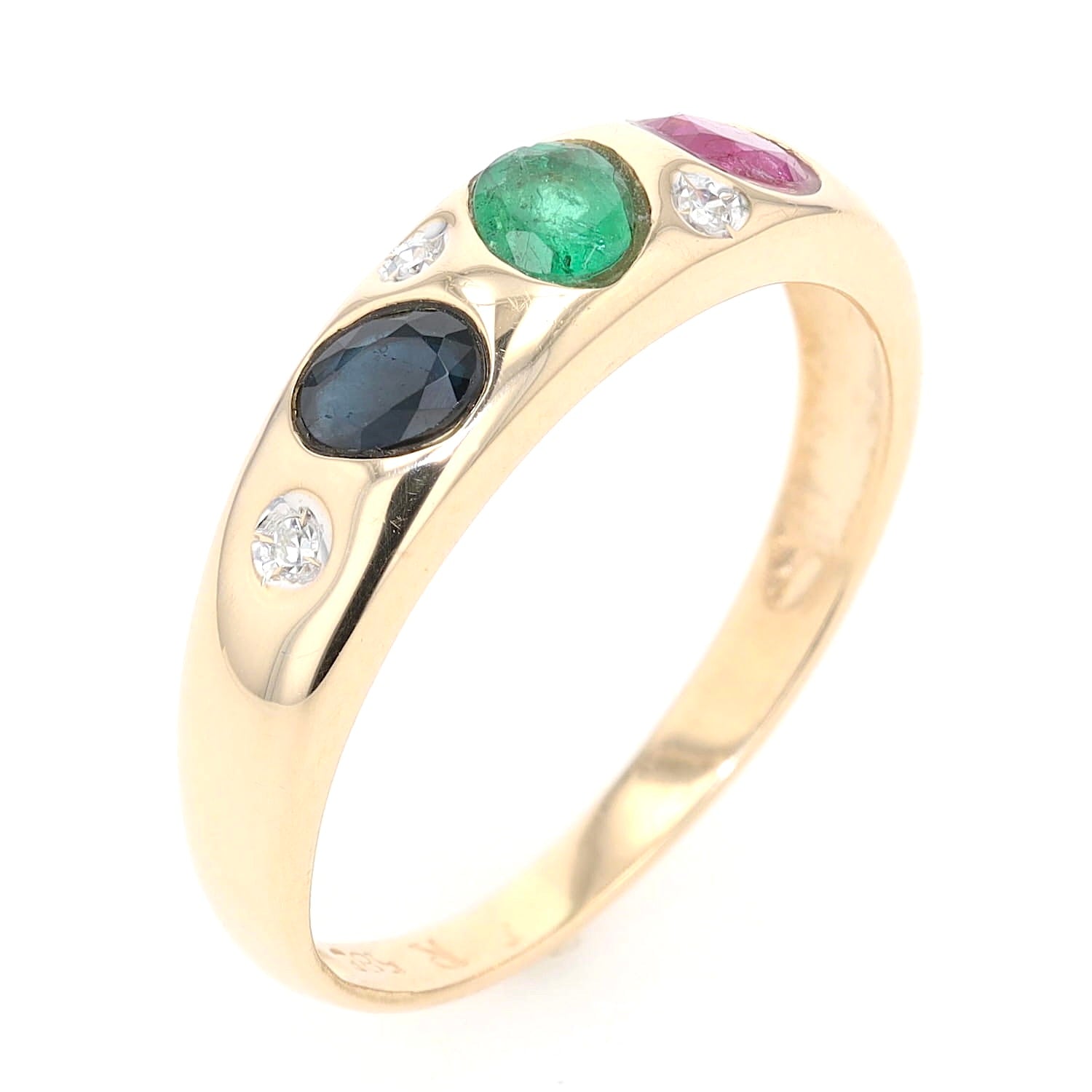 Ring in 585er Gelbgold mit Diamanten, Rubin, Saphir und Smaragd, stehend