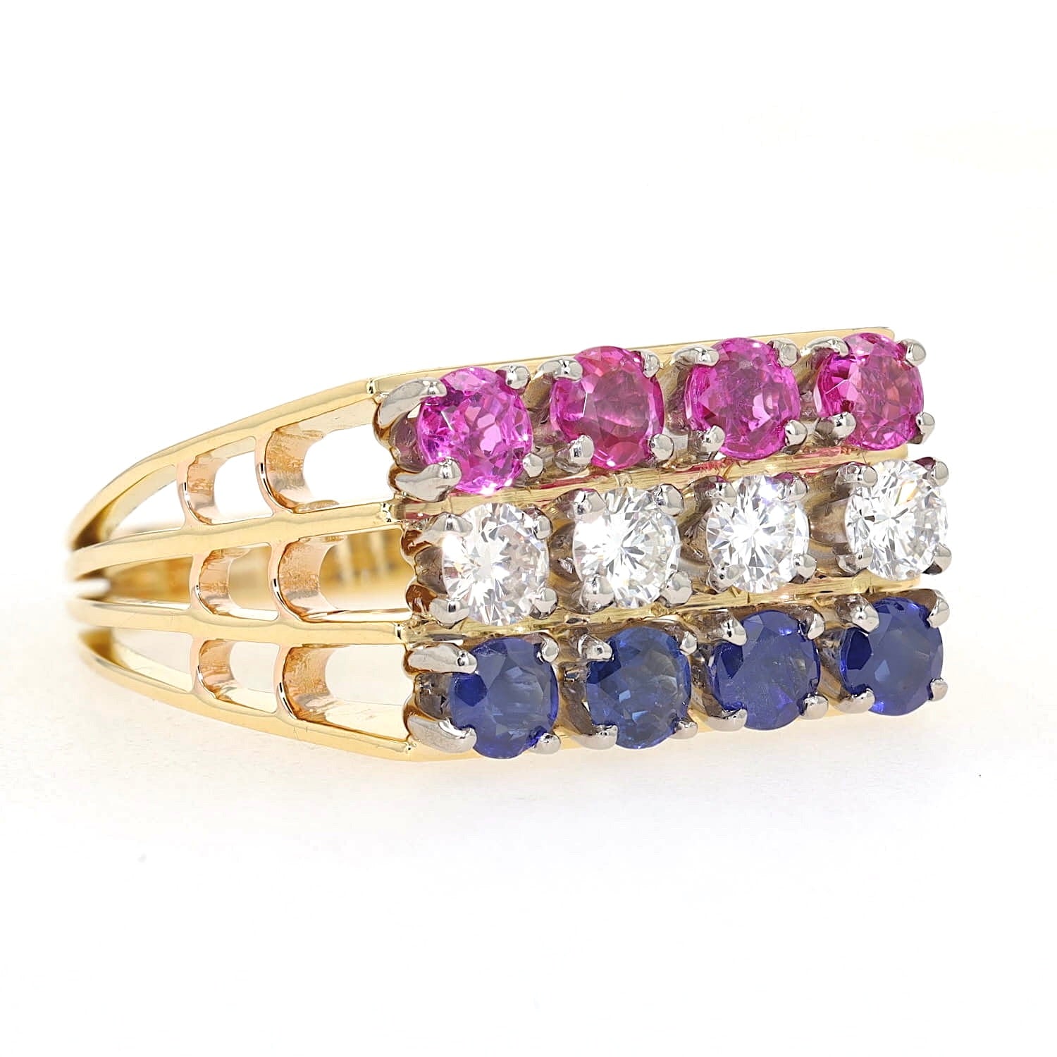 Vintage Ring in 750er Gelbgold mit Rubinen Saphiren und Brillanten, liegend rechts gedreht