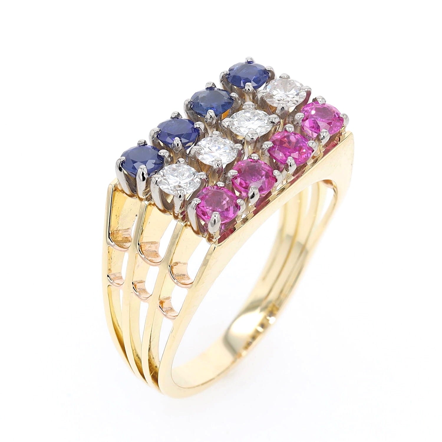 Vintage Ring in 750er Gelbgold mit Rubinen Saphiren und Brillanten, stehend