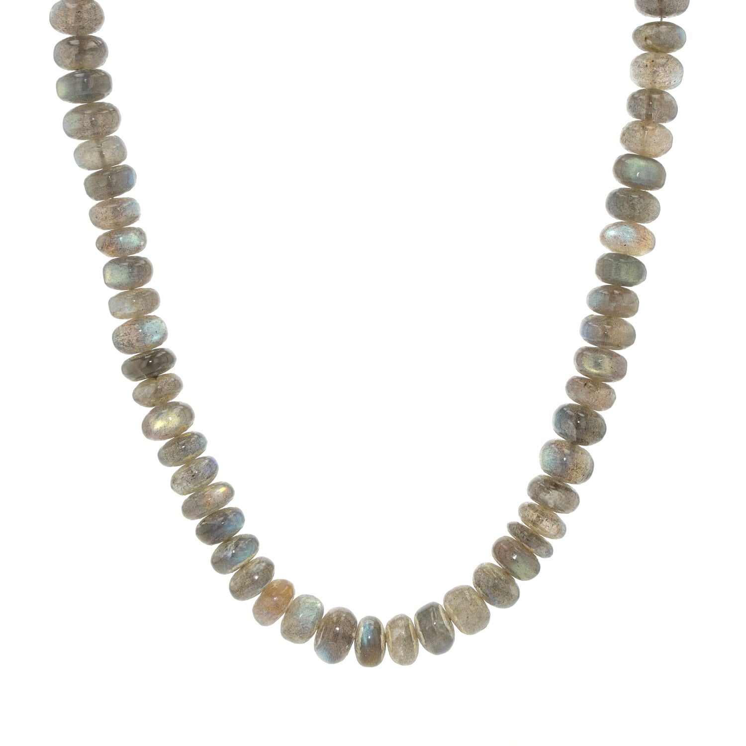 Edelsteinkette aus Labradorit-Kugeln und einem Wechselschloss aus einer Edelstahlkugel mit rosafarbenen Cubic Zirkonias, hängend frontal