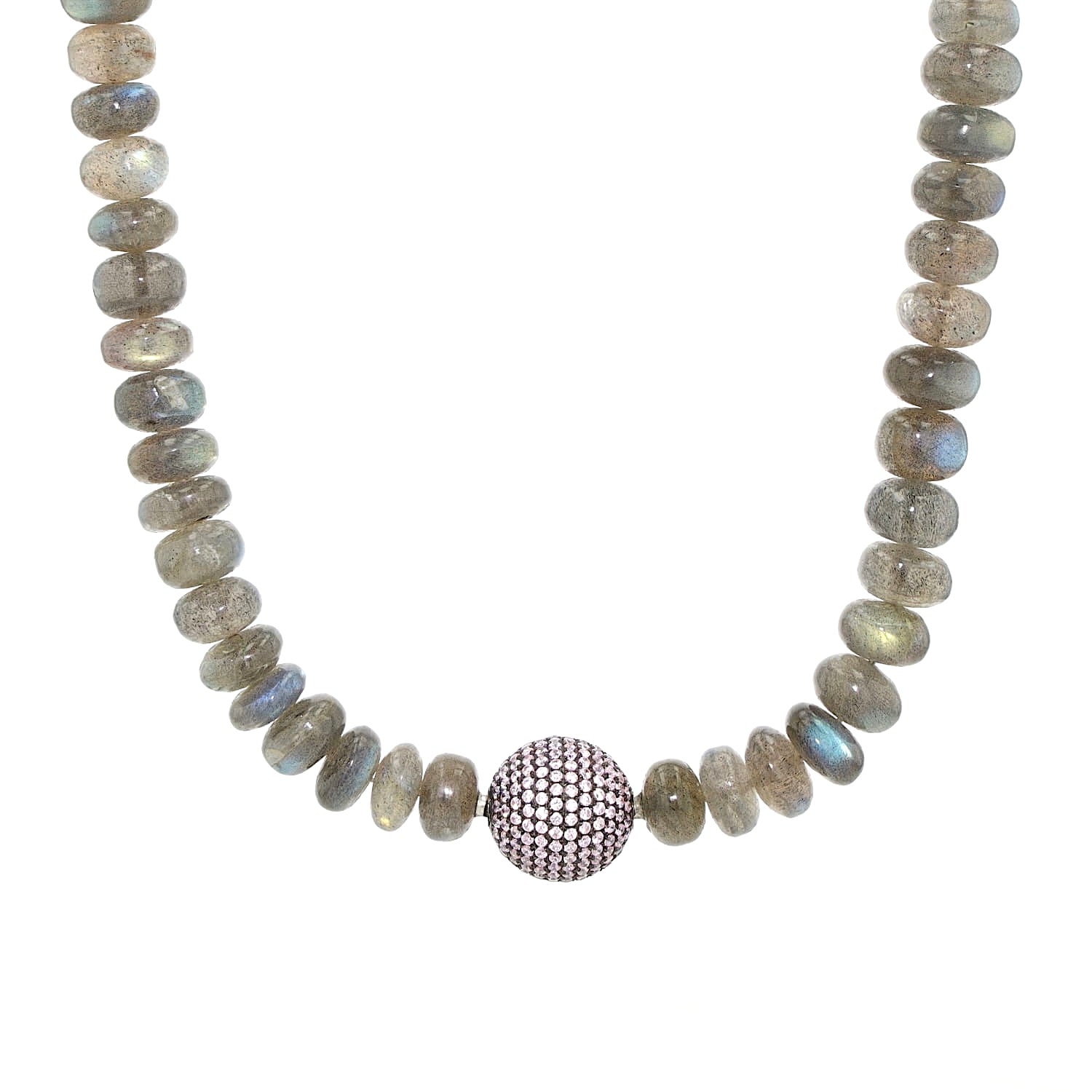Edelsteinkette aus Labradorit-Kugeln und einem Wechselschloss aus einer Edelstahlkugel mit rosafarbenen Cubic Zirkonias, hängend frontal Schloss vorne