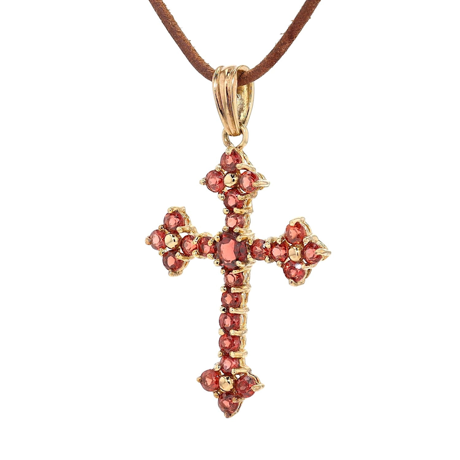 Kreuz Anhänger in 333er Gelbgold mit Granaten, hängend links gedreht