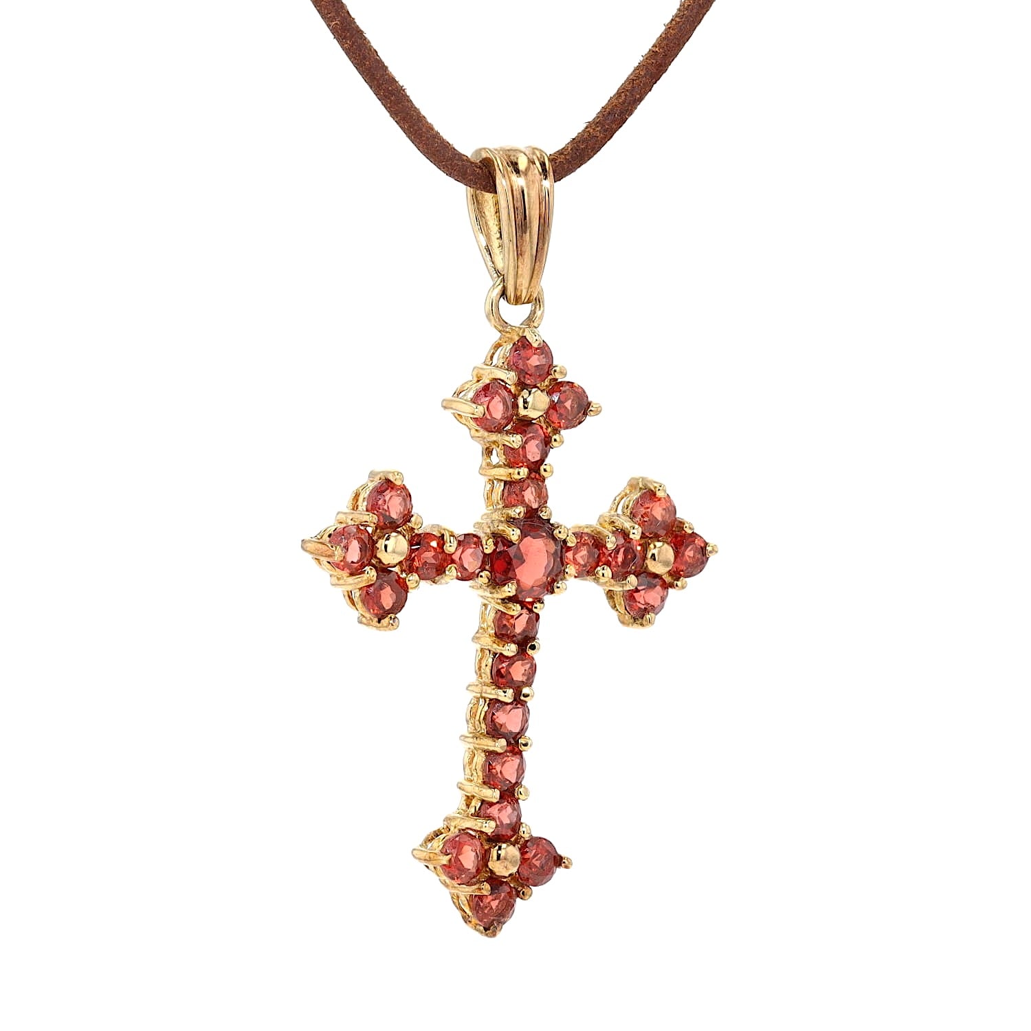 Kreuz Anhänger in 333er Gelbgold mit Granaten, hängend rechts gedreht
