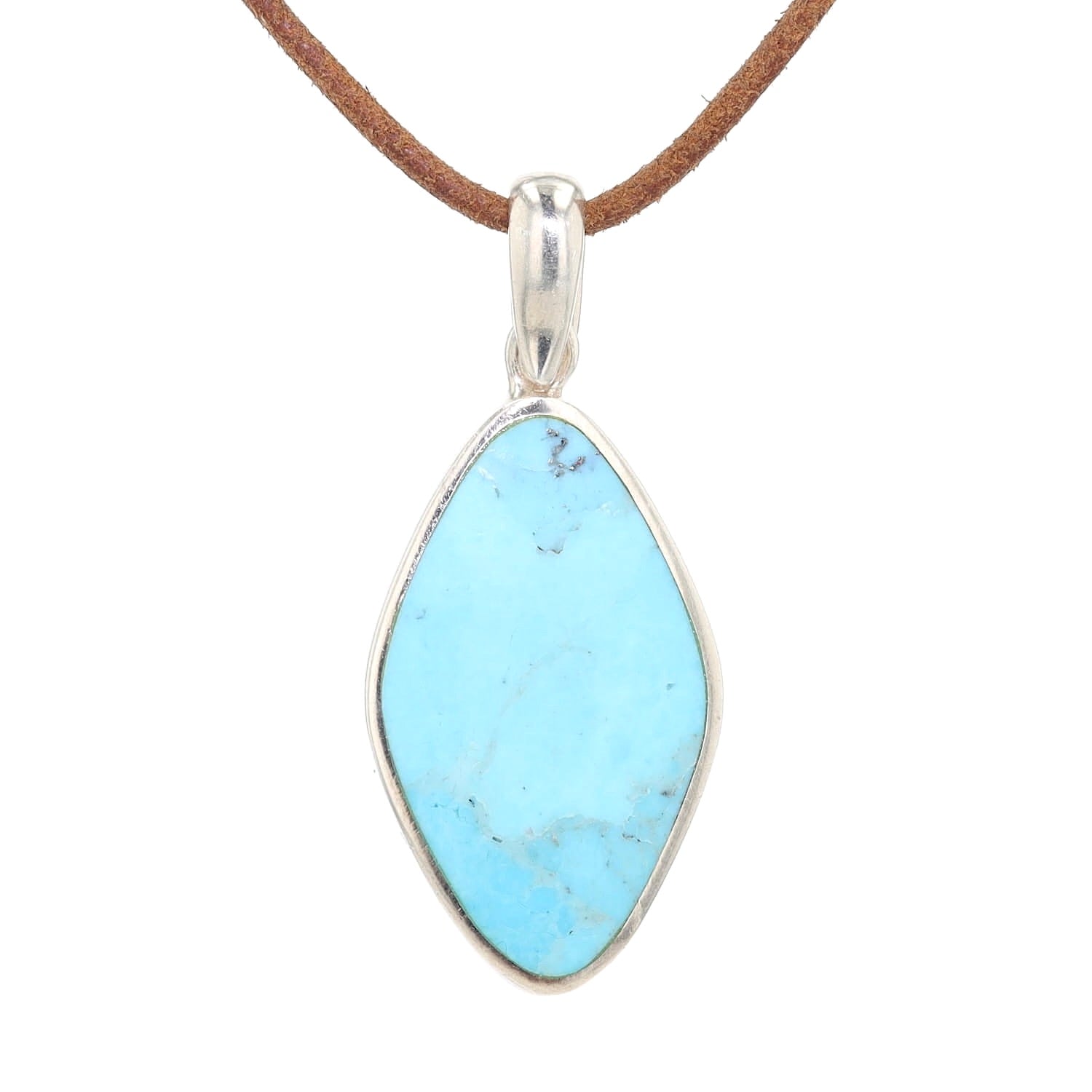 Anhänger in 925er Silber  mit einem Türkis, hängend frontal an einem braunen Lederband