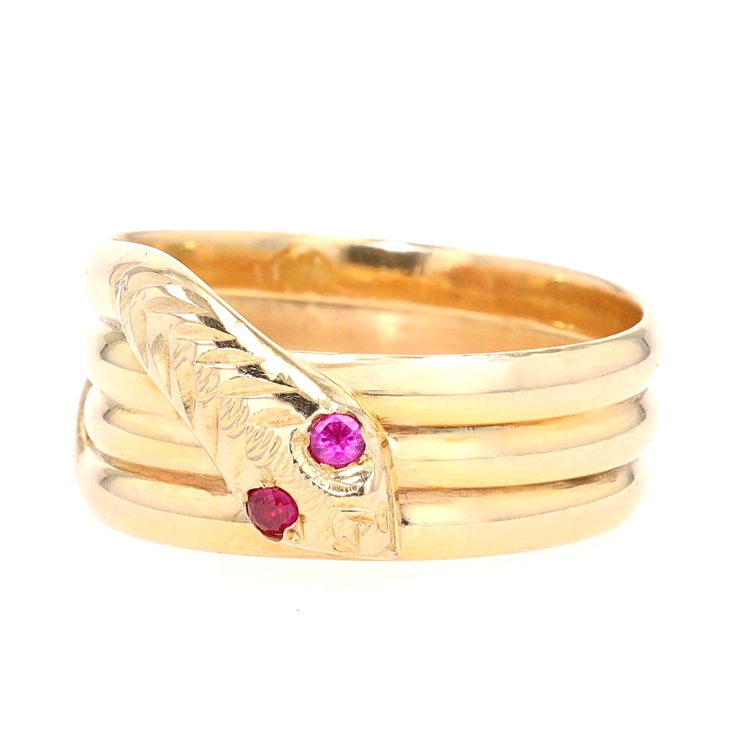 Schlangenring in 750er Gelbgold mit 2 Rubinen, liegend frontal