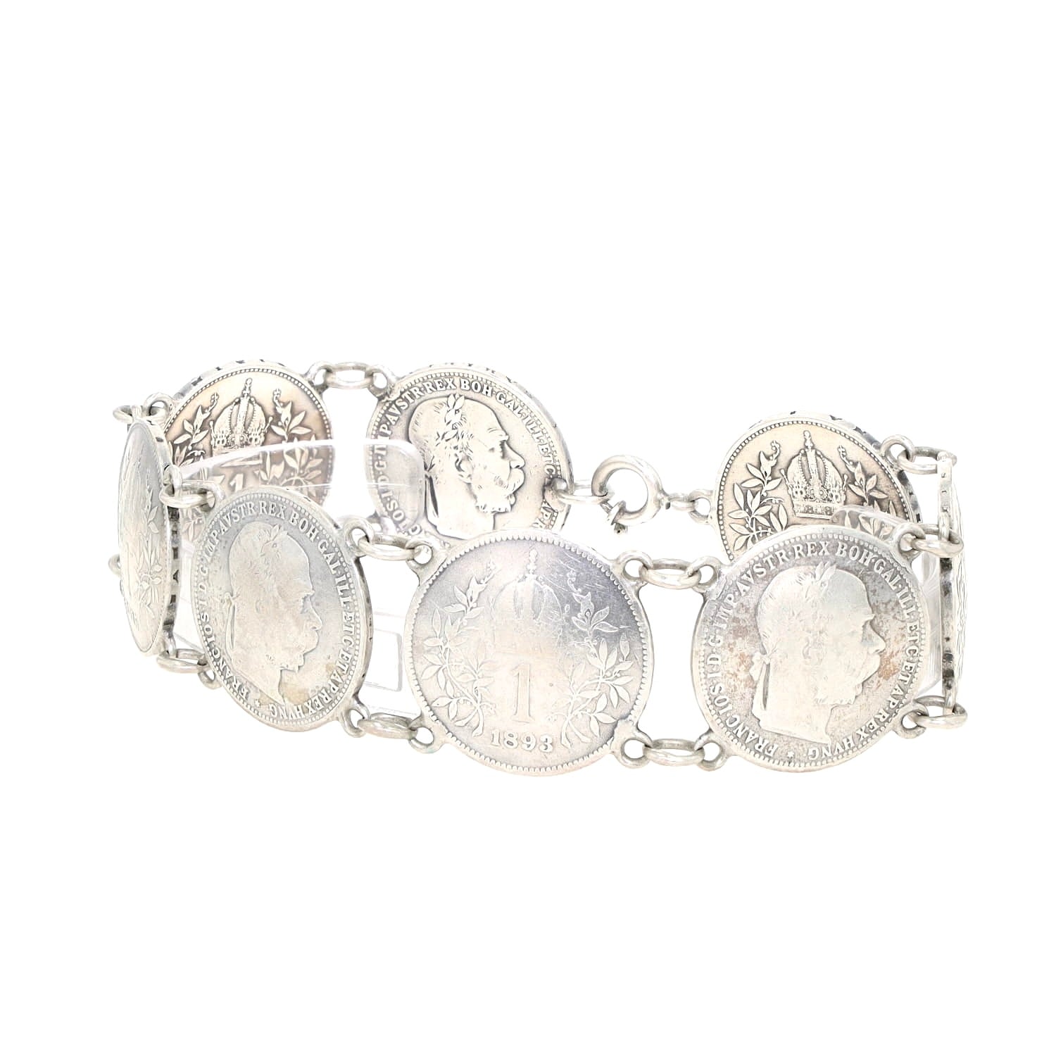 Antikes Münzarmband um 1920 mit 8 Kaiser Franz Joseph I. 1 Krone Münzen, liegend geschlossen seitlich links gedreht