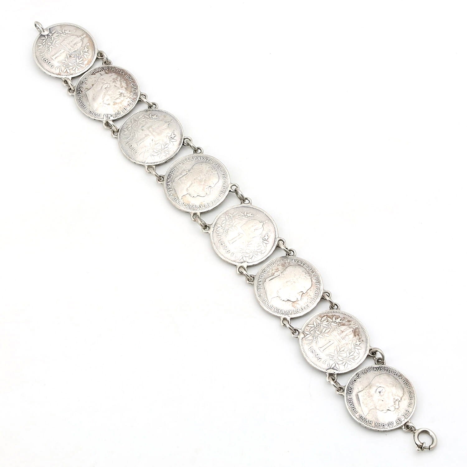 Antikes Münzarmband um 1920 mit 8 Kaiser Franz Joseph I. 1 Krone Münzen, liegend flach geöffnet