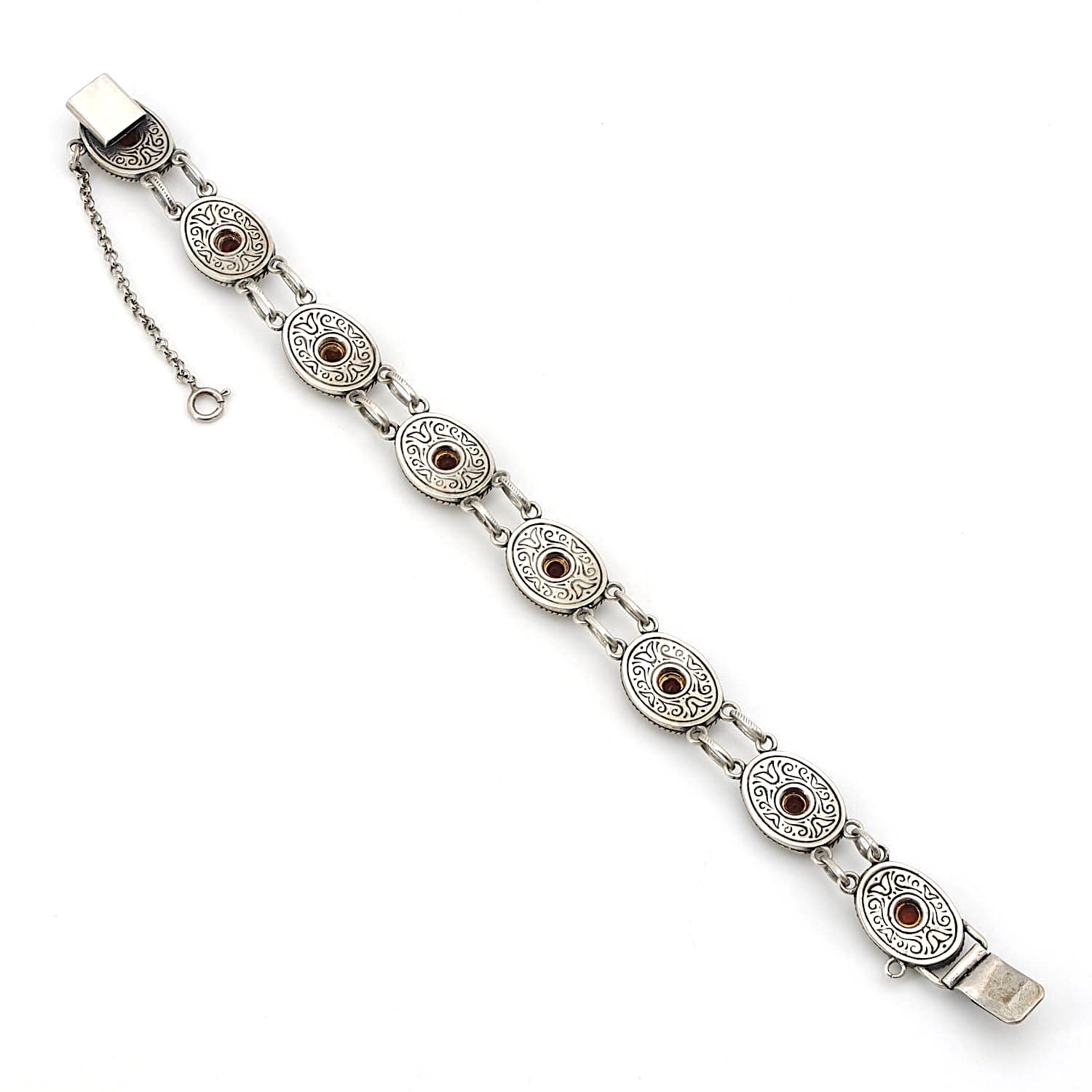 Trachtenarmband in 835er Silber mit Vergoldung und Granaten, längs liegend von hinten