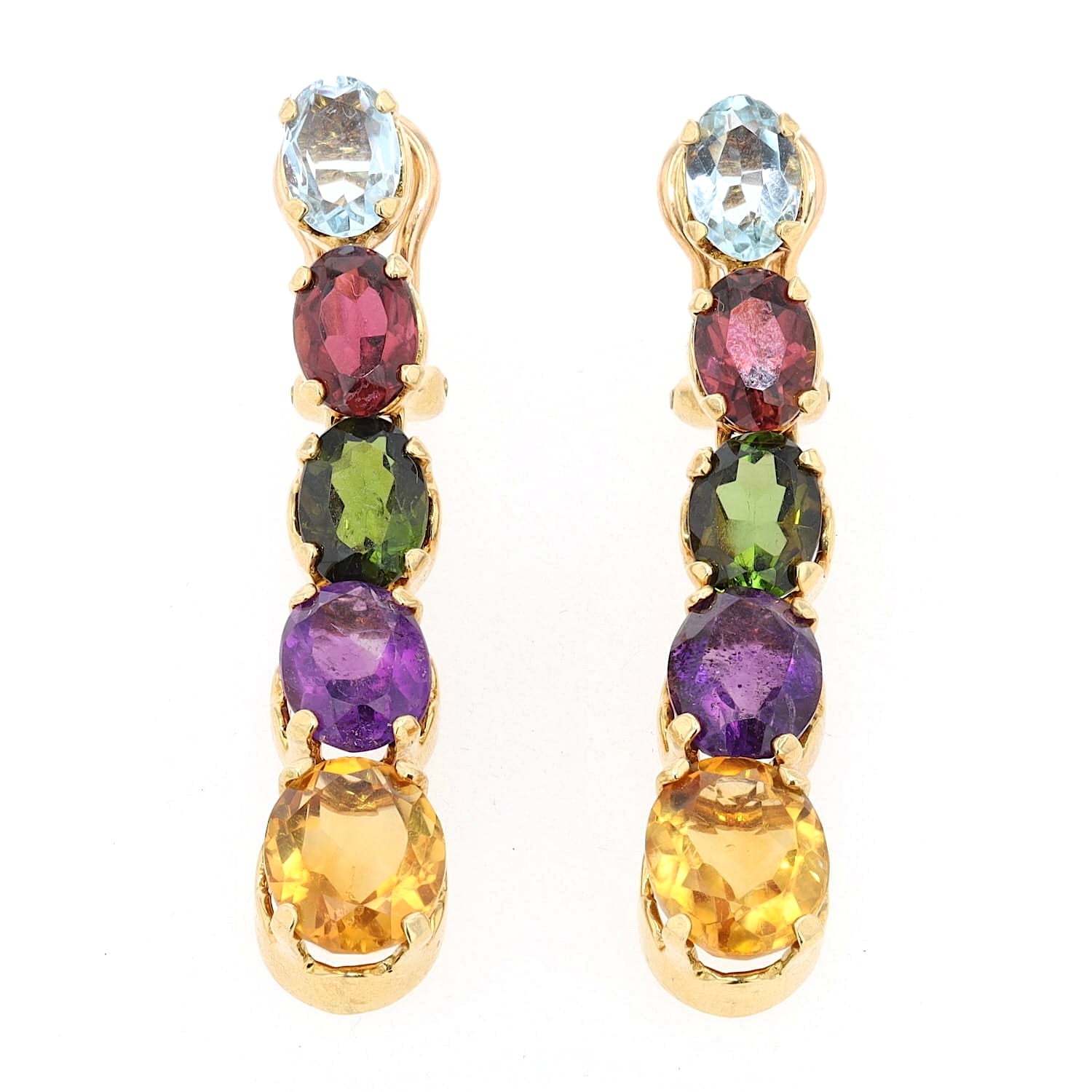 Ohrringe mit Clip in 750er Gelbgold und bunten Edelsteinen, hängend frontal