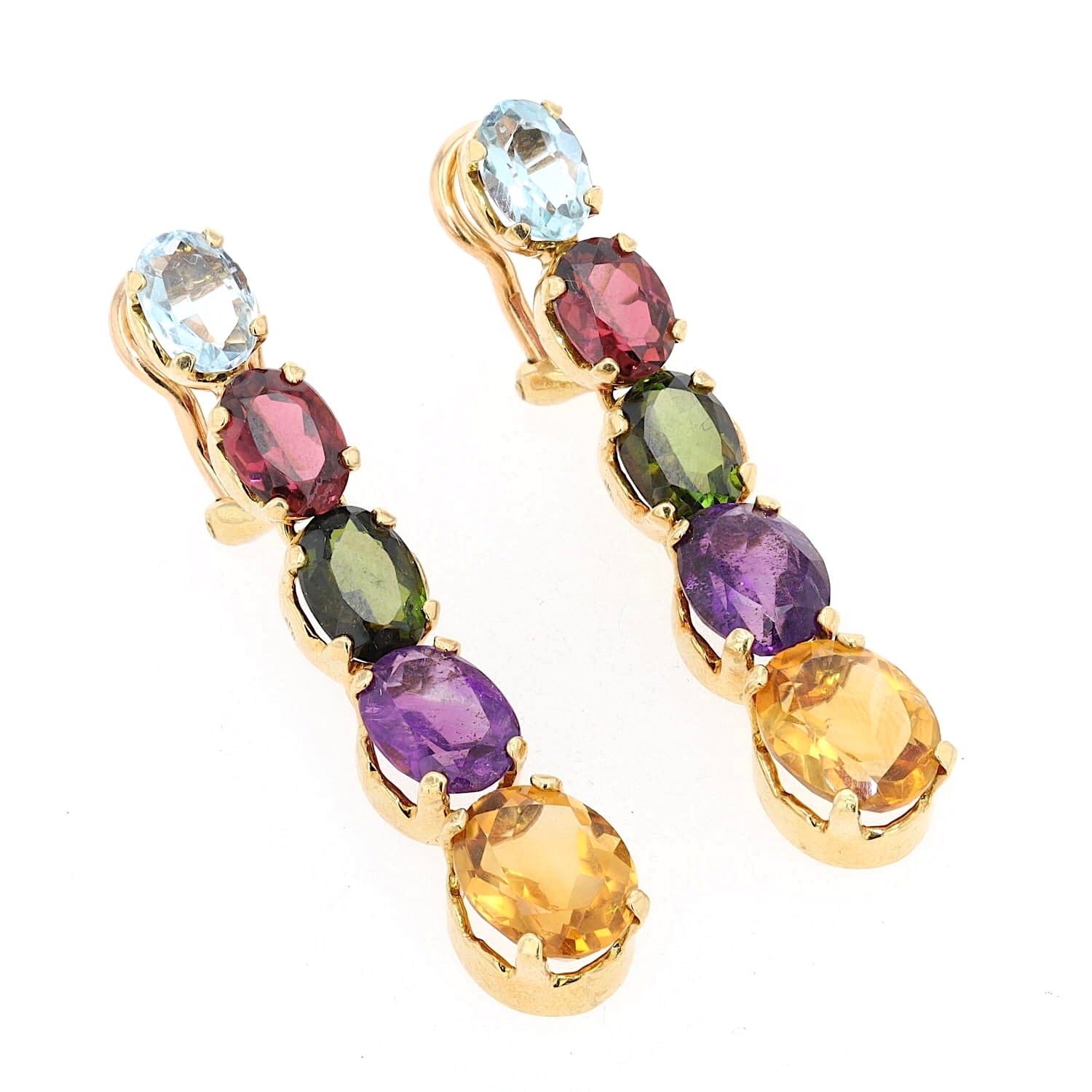 Ohrringe mit Clip in 750er Gelbgold und bunten Edelsteinen, hängend rechts gedreht