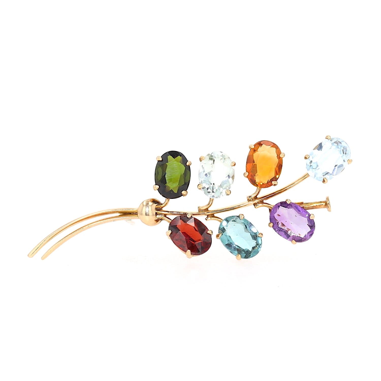 Vintage-Brosche in 750er Gelbgold mit bunten Edelsteinen , liegend aufrecht frontal