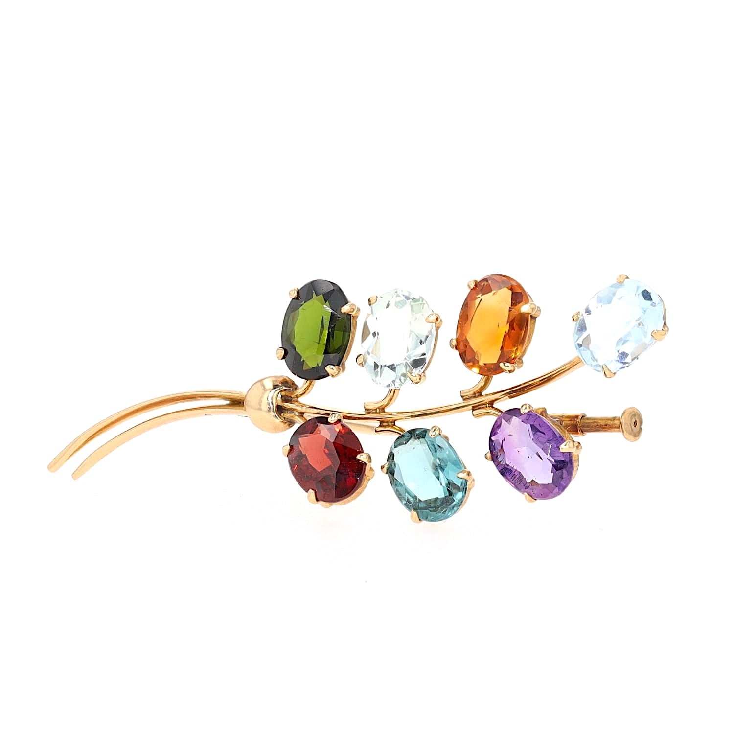 Vintage-Brosche in 750er Gelbgold mit bunten Edelsteinen, liegend aufrecht