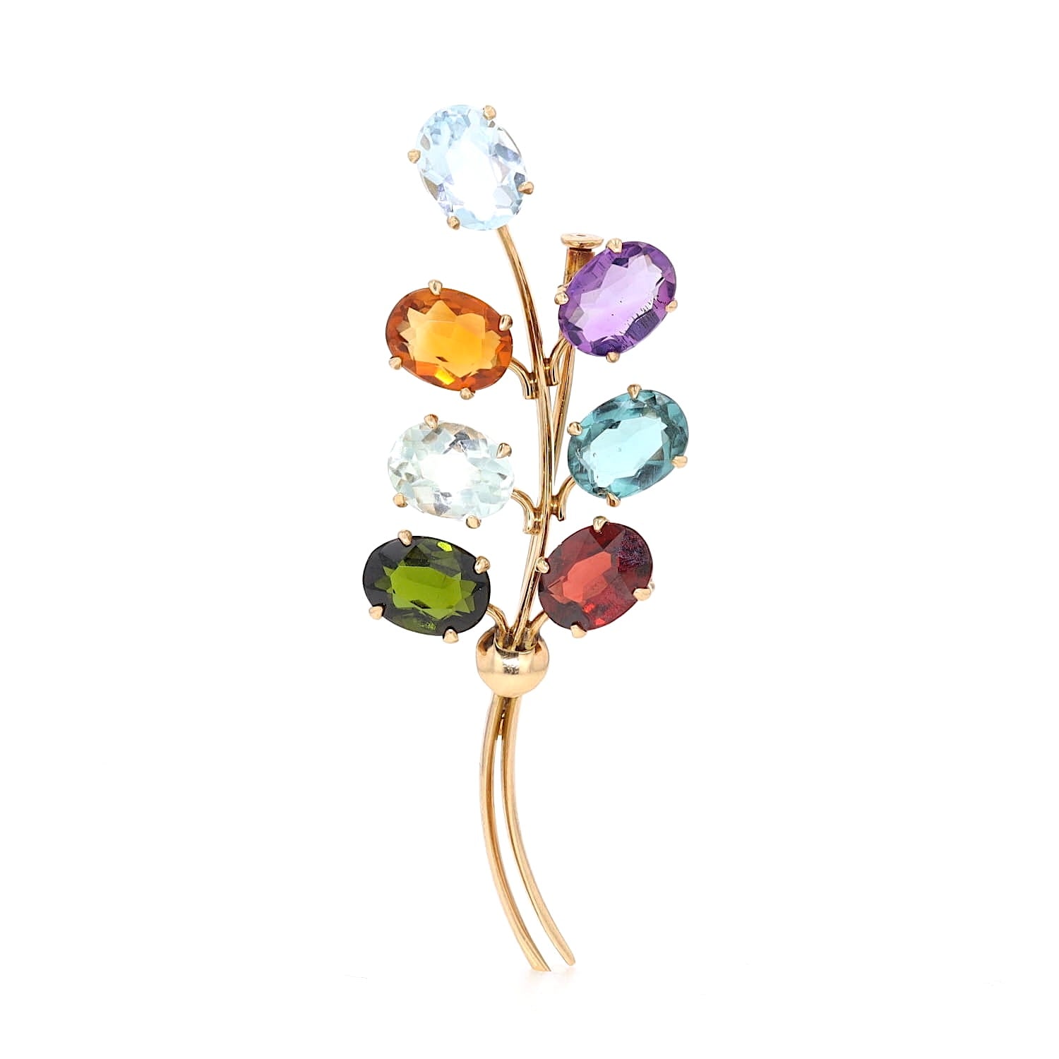 Vintage-Brosche in 750er Gelbgold mit bunten Edelsteinen , stehend