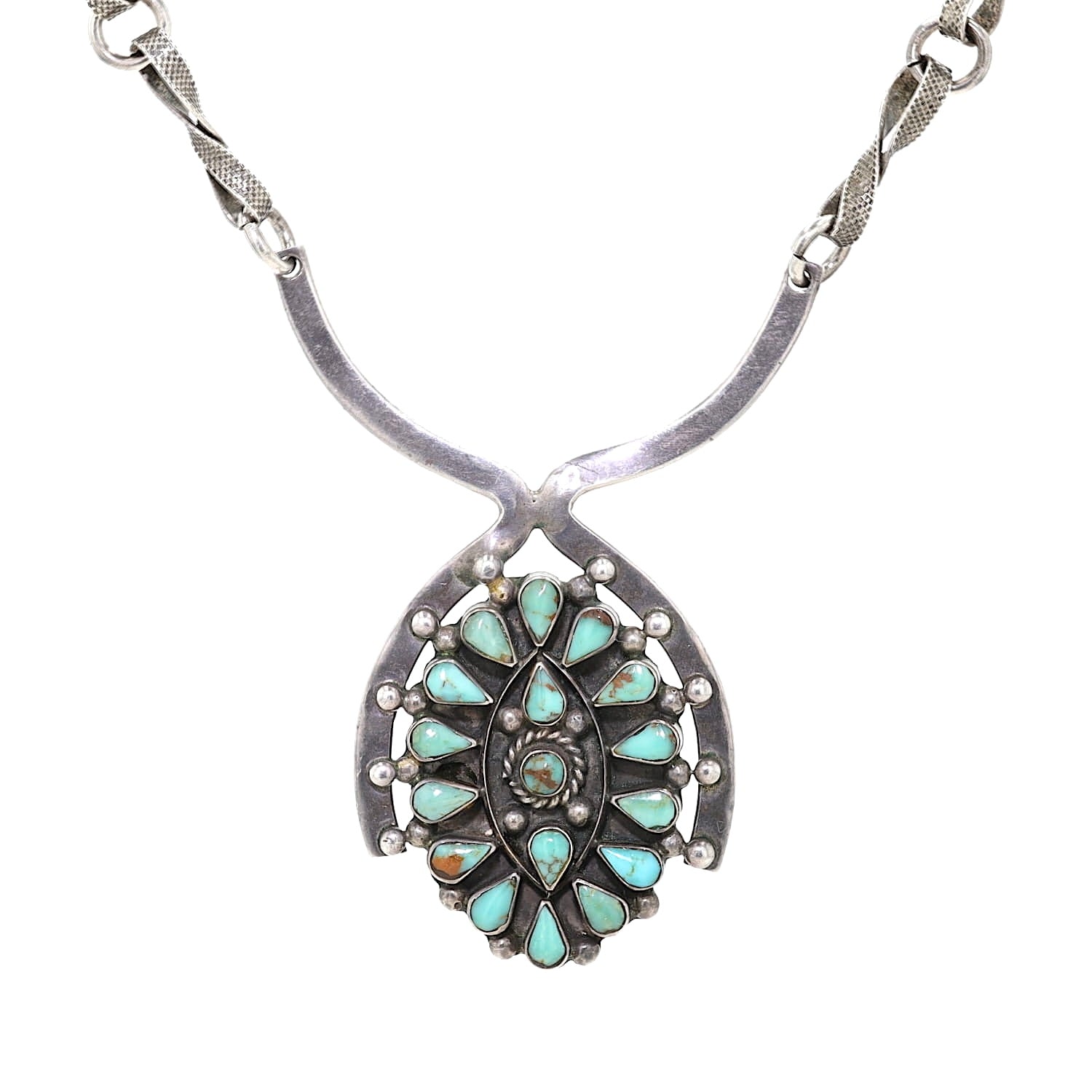 Navajo Indianerkette in 925er Silber mit Türkisen, hängend frontal