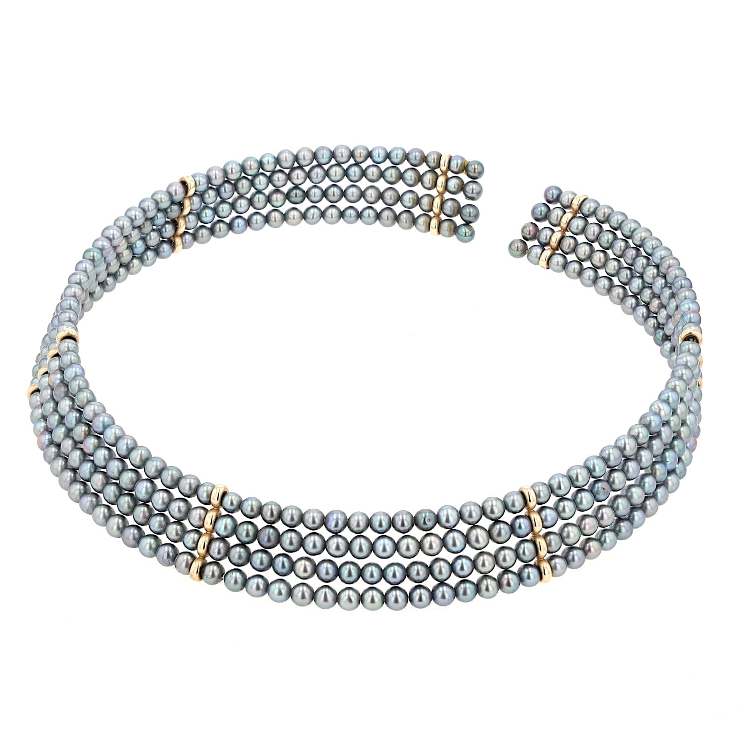 Halsreif aus 4 Reihen Peacock-Zuchtperlen und 585er Gelbgoldelementen, liegend links gedreht