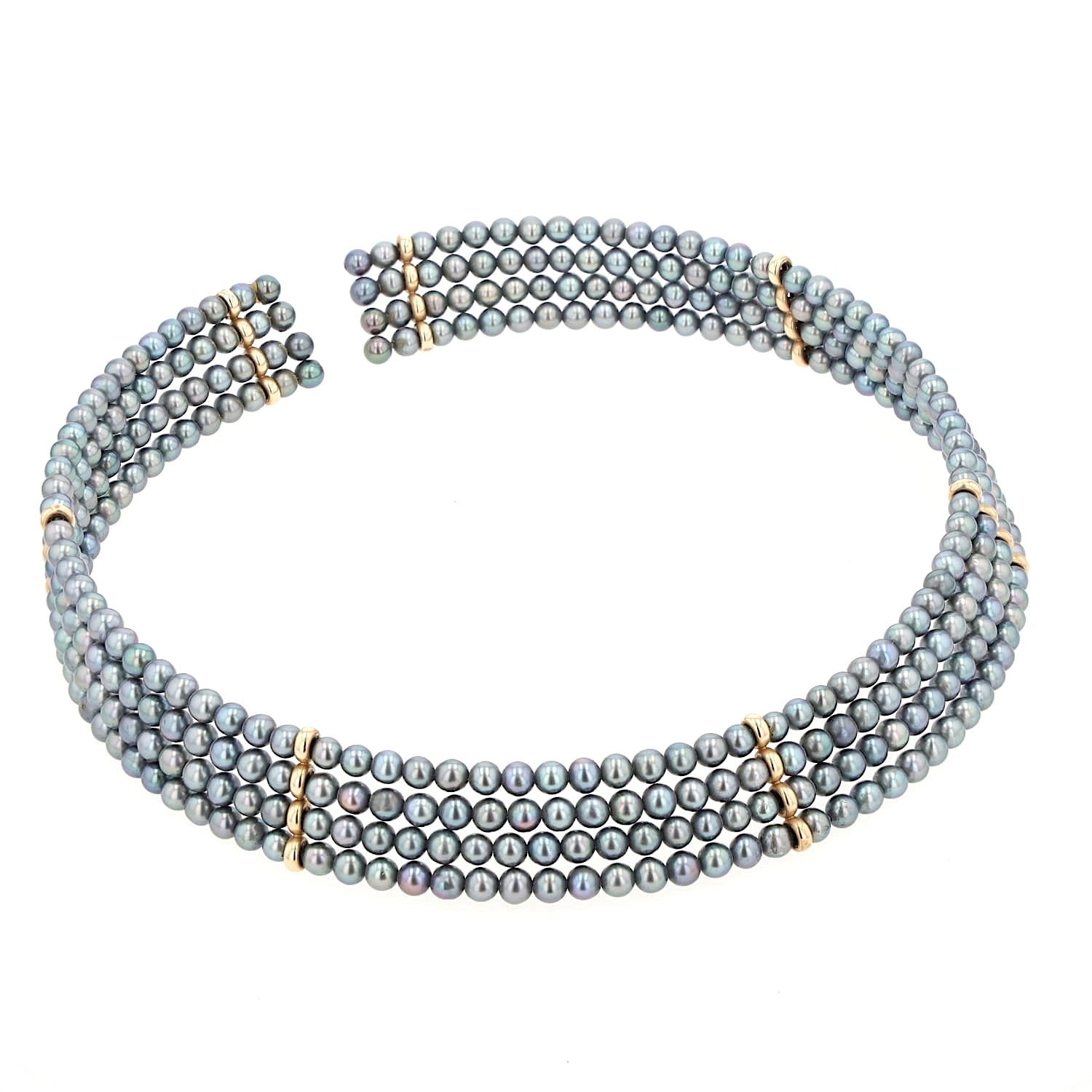 Halsreif aus 4 Reihen Peacock-Zuchtperlen und 585er Gelbgoldelementen, liegend rechts gedreht