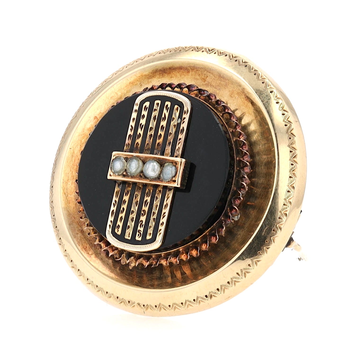 Viktorianische Brosche aus 585er Gelbgold mit Onyx, kleinen Saatperlen und schwarzer Emaille, stehend inks gedreht