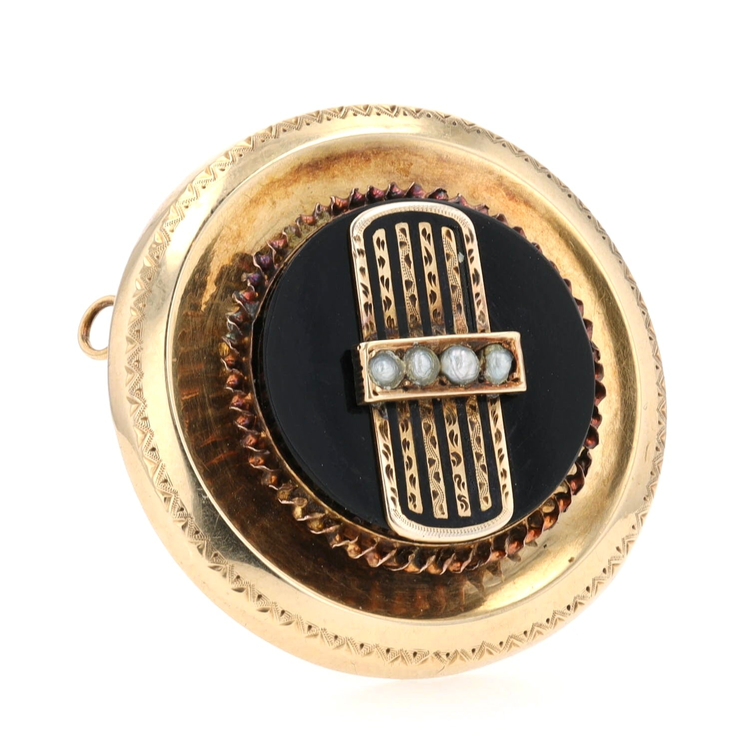 Viktorianische Brosche aus 585er Gelbgold mit Onyx, kleinen Saatperlen und schwarzer Emaille, stehend rechts gedreht