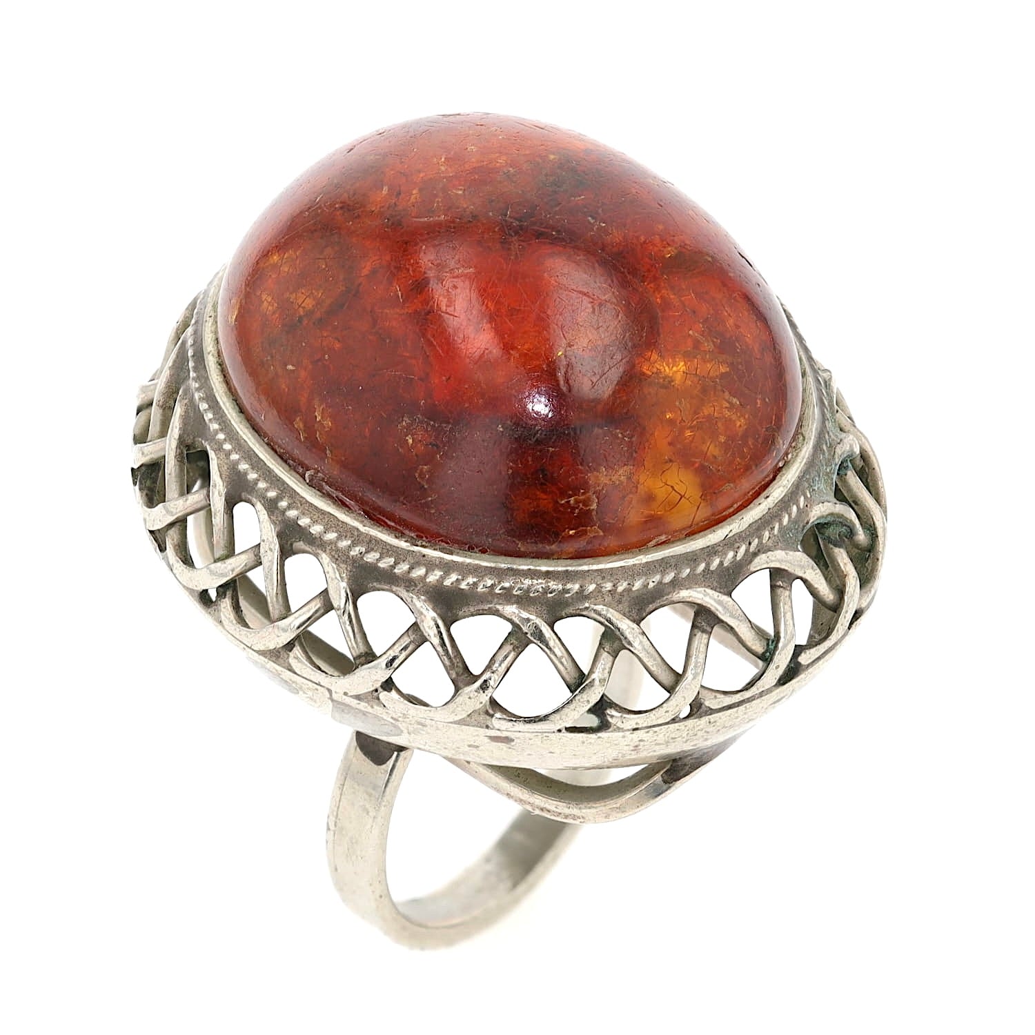 Statement ring silver plated with a large amber, standing