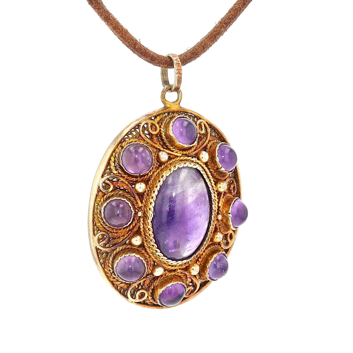 Antiker Anhänger in Silber, vergoldet mit Amethyst-Cabochons, hängend rechts gedreht