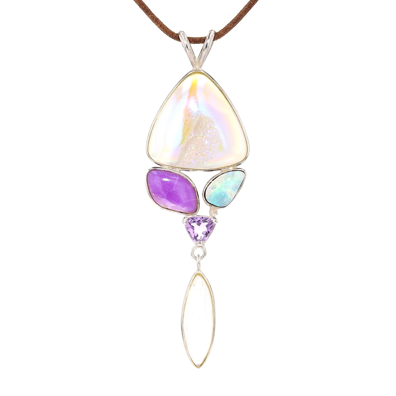 Großer Anhänger in 925er Silber mit Achat , Sugilith, Opal, Amethyst und Mondstein, liegend frontal