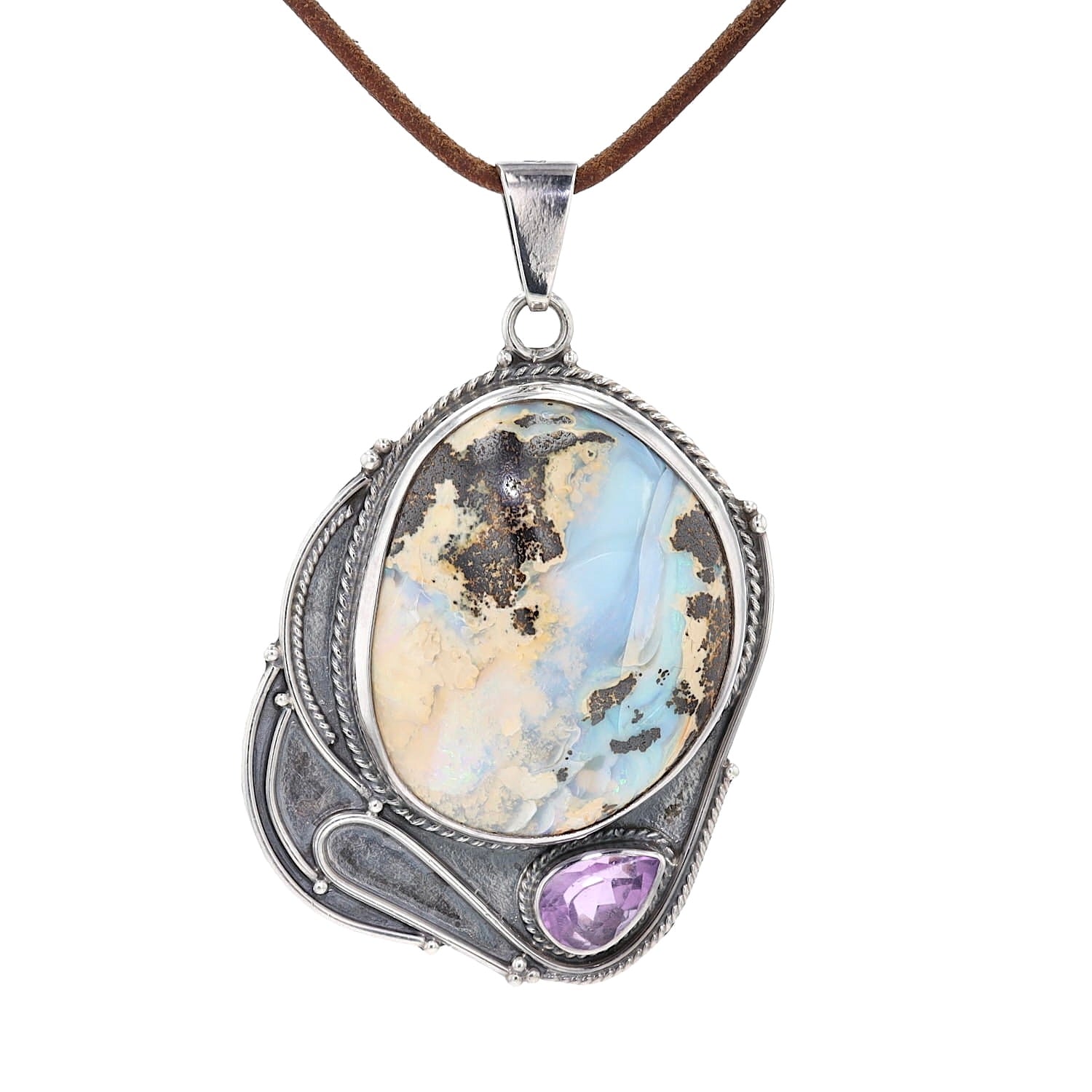 Large pendant in 950 silver with an opal on parent rock and an amethyst, hanging frontally