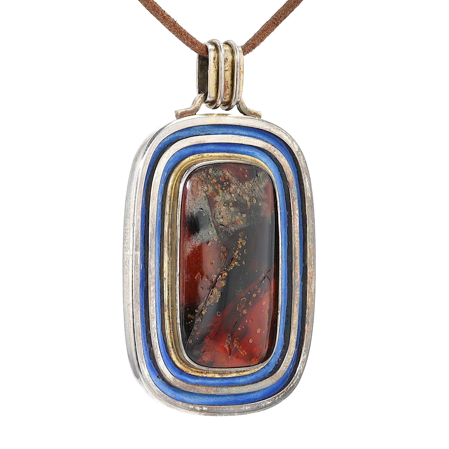 Large pendant made of 925 silver with an amber and blue enamel, hanging turned left