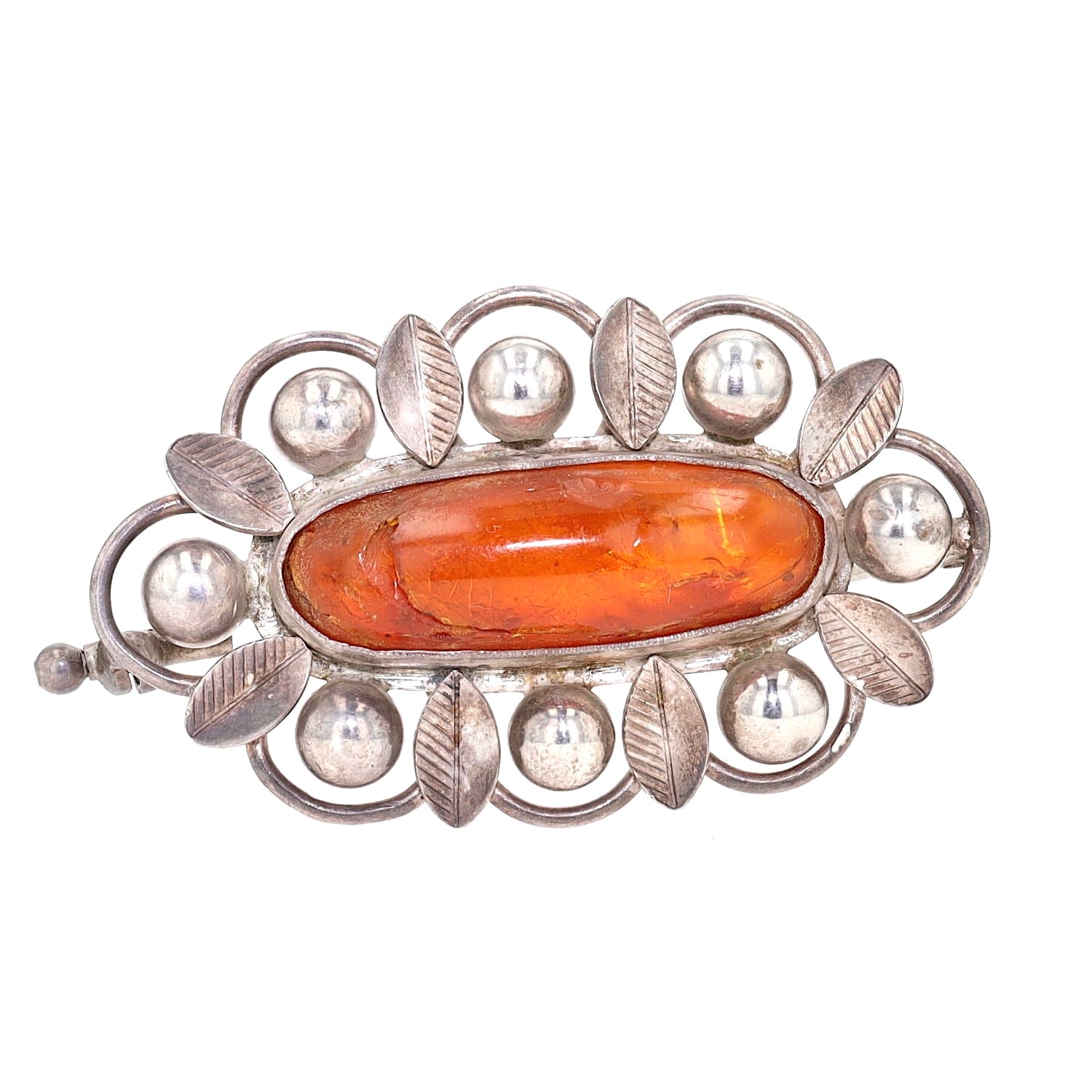 Große Jugendstil Brosche in 935er Silber mit einem Bernstein, liegend frontal