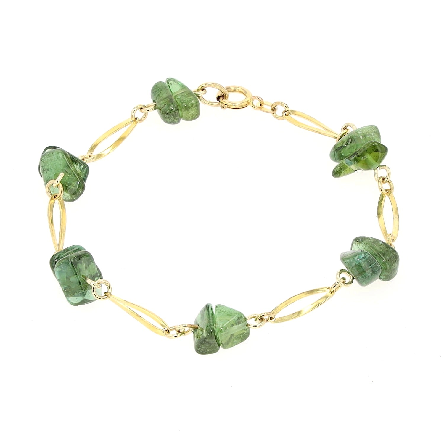 Bracelet in 333 yellow gold with green tourmaline tumbled stones, lying closed top view