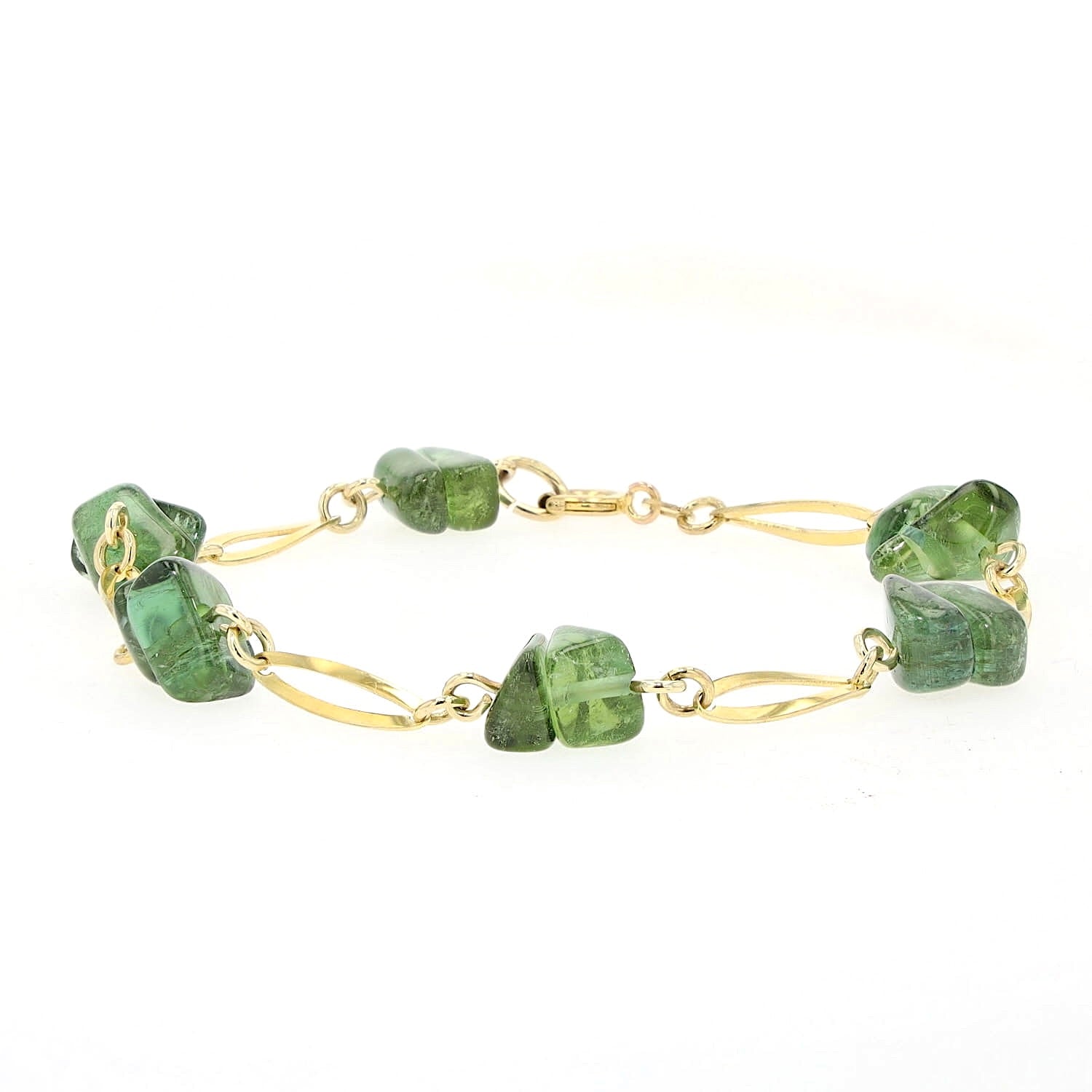 Bracelet in 333 yellow gold with green tourmaline tumbled stones, lying closed at the front