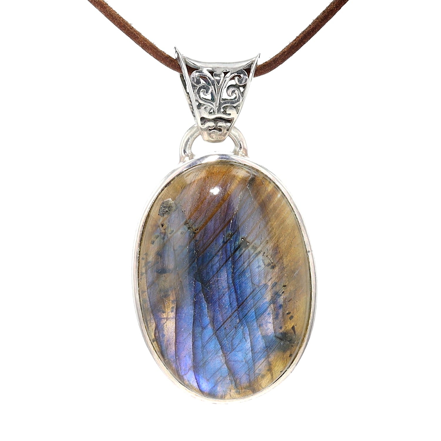 Großer Anhänger in 925er Silber mit einem Labradorit, liegend frontal