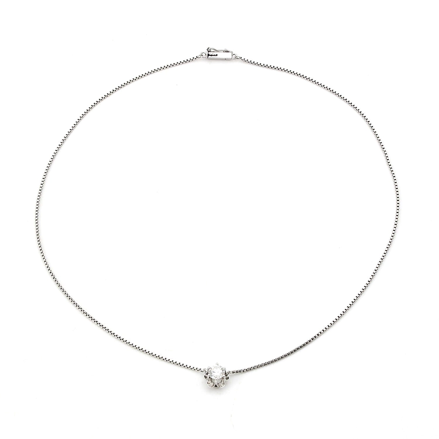 Vintage Collier in 585er Weißgold mit einem Brillanten, liegend geschlossen Draufsicht