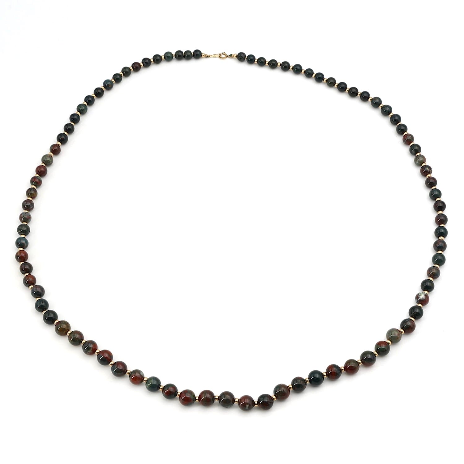 Lange Vintage Edelsteinkette aus Heliotrop-Kugeln und vergoldeten Kugeln, liegend geschlossen