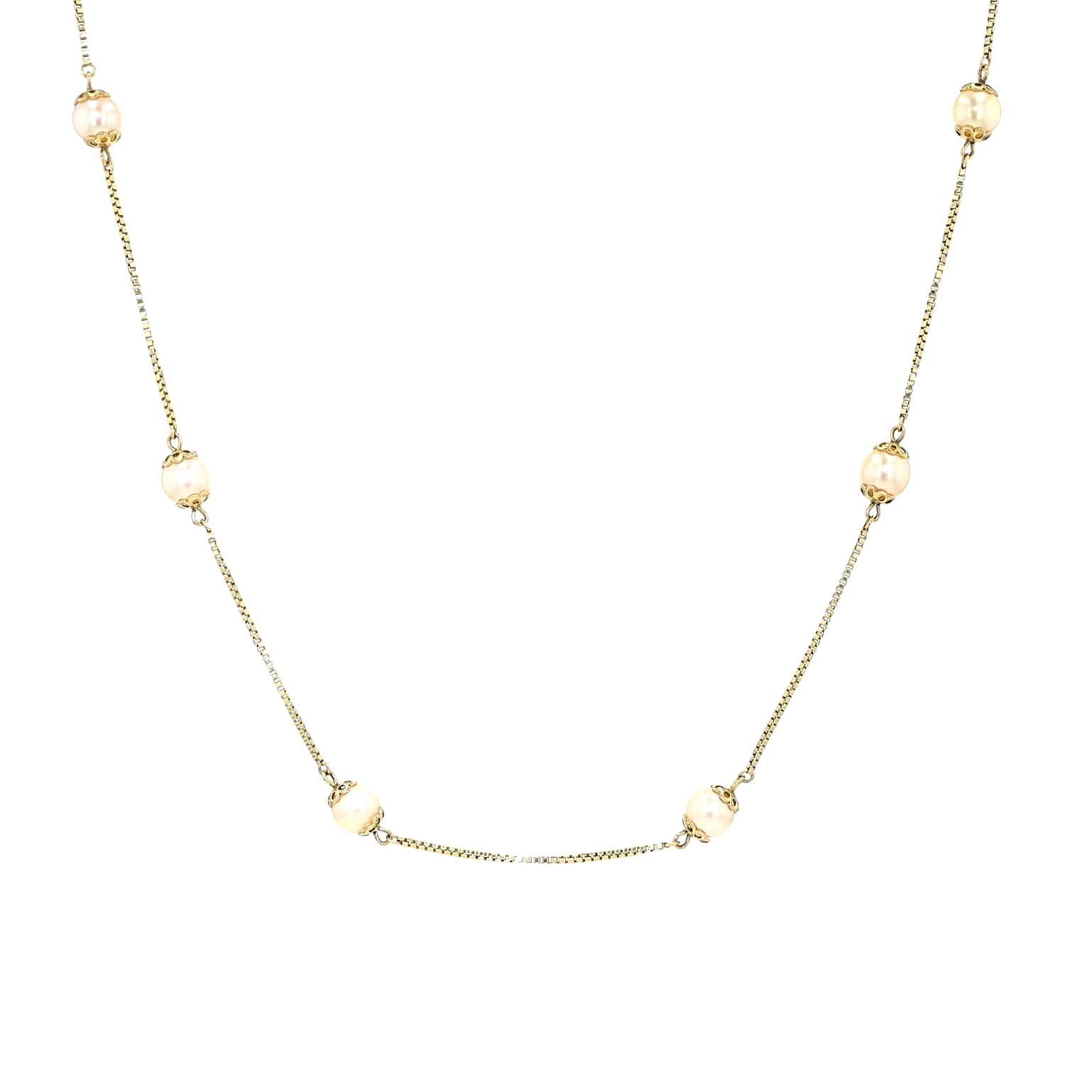 Vintage-Kette aus 333er Gelbgold mit Zuchtperlen, hängend frontal