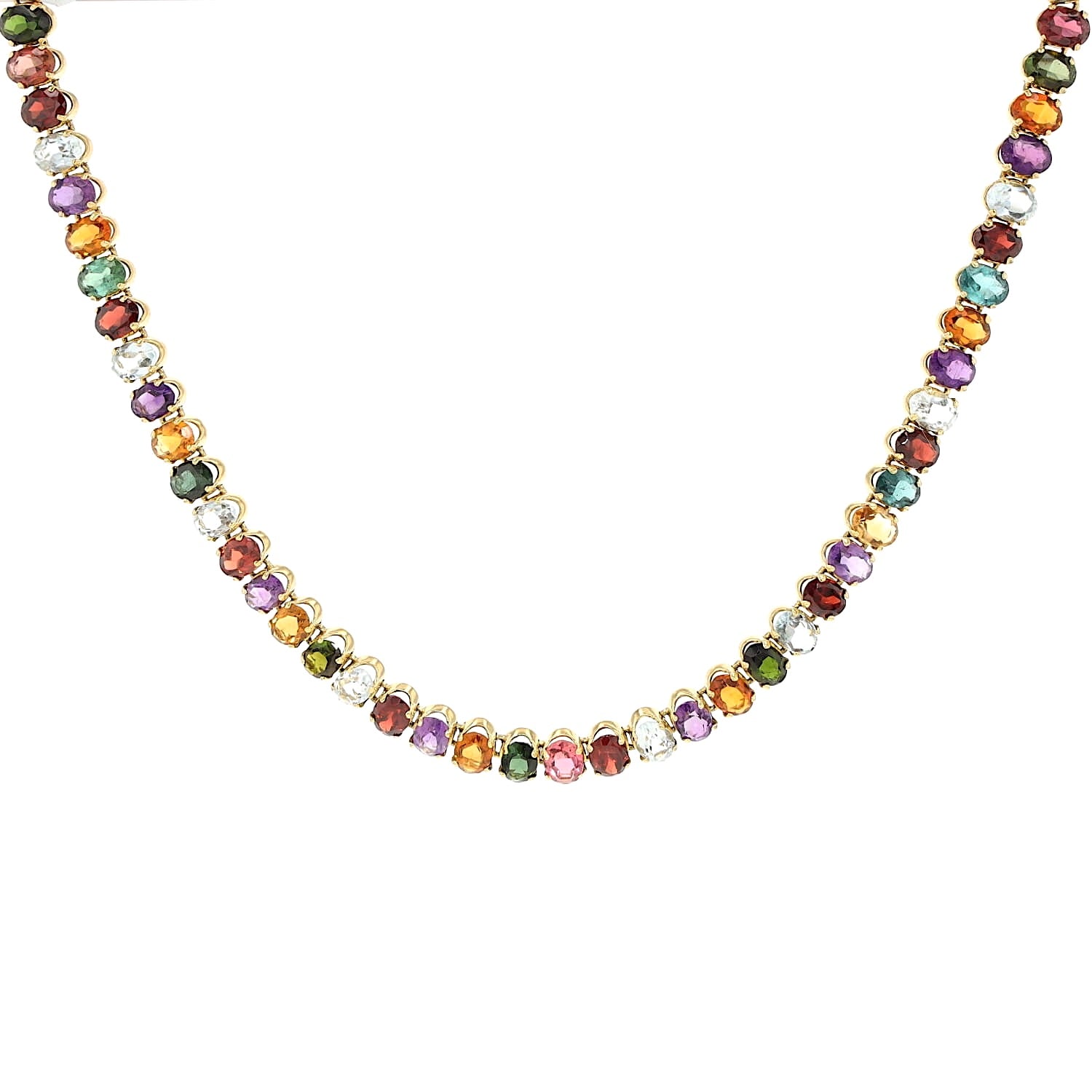 Kette in 750er Gelbgold mit bunten Edelsteinen aus Aquamarin, Citrin, Amethyst, Turmalin und Granat, hängend frontal