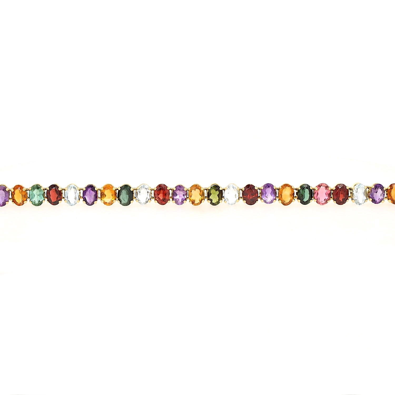 Kette in 750er Gelbgold mit bunten Edelsteinen aus Aquamarin, Citrin, Amethyst, Turmalin und Granat, liegend Teilausschnitt