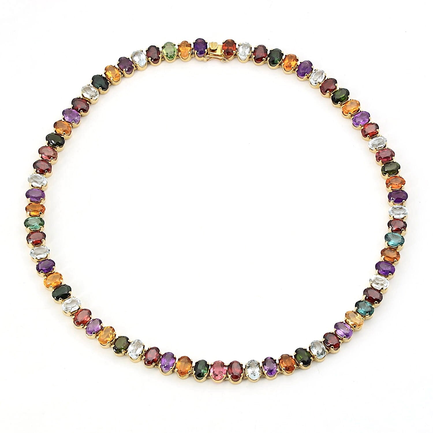 Kette in 750er Gelbgold mit bunten Edelsteinen aus Aquamarin, Citrin, Amethyst, Turmalin und Granat, liegend geschlossen Draufsicht