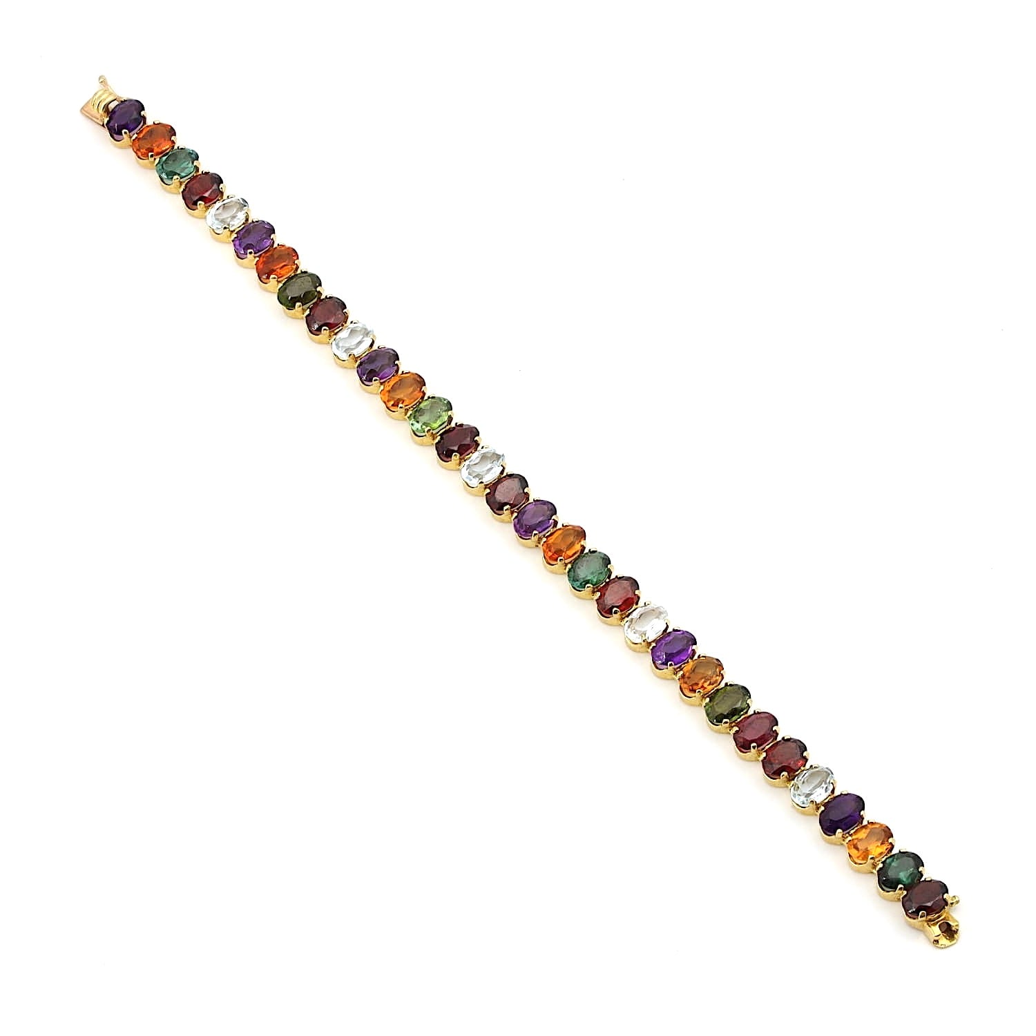 Armband in 750er Gelbgold mit bunten Edelsteinen aus Aquamarin, Citrin, Amethyst, Turmalin und Granat, liegend lang