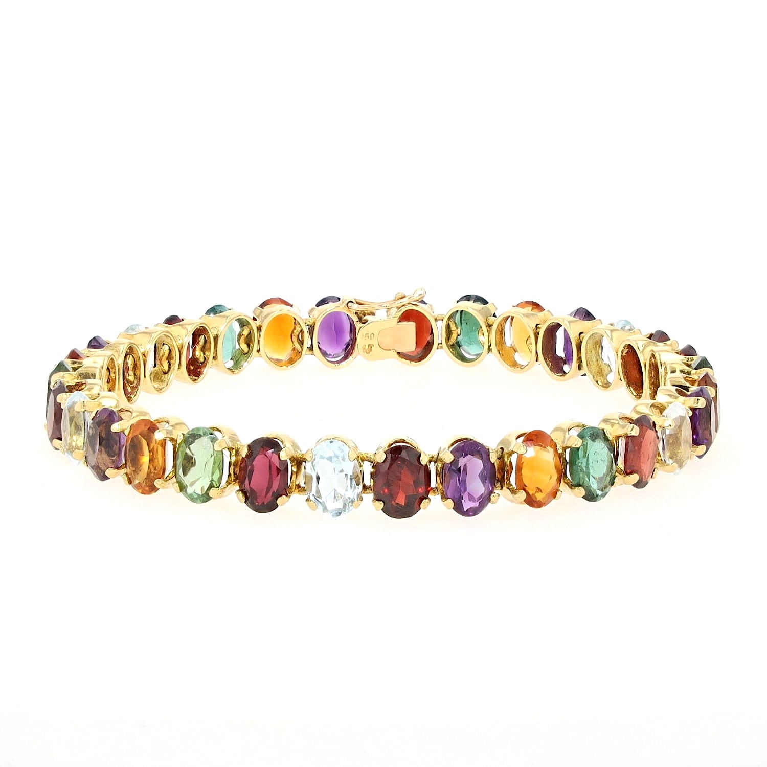 Armband in 750er Gelbgold mit bunten Edelsteinen aus Aquamarin, Citrin, Amethyst, Turmalin und Granat, stehend geschlossen frontal