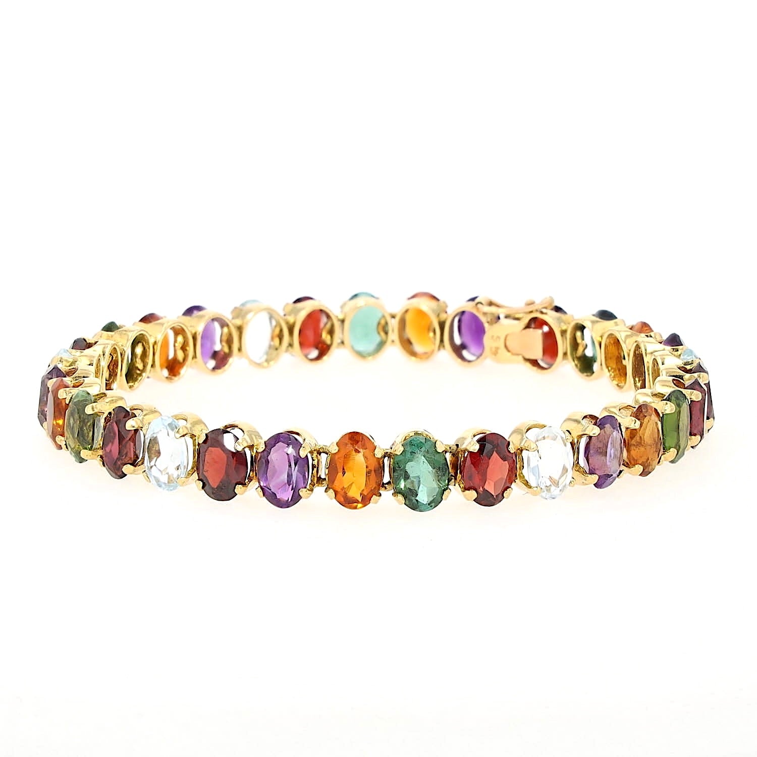 Armband in 750er Gelbgold mit bunten Edelsteinen aus Aquamarin, Citrin, Amethyst, Turmalin und Granat, stehend geschlossen leicht links gedreht