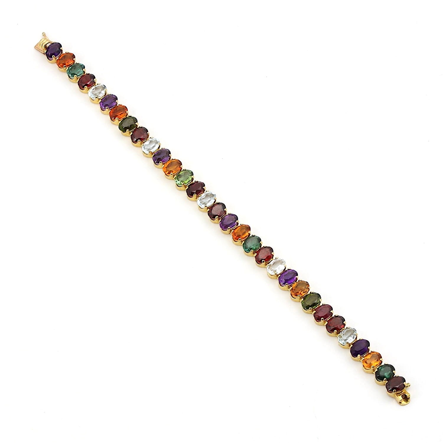 Armband in 750er Gelbgold mit bunten Edelsteinen aus Aquamarin, Citrin, Amethyst, Turmalin und Granat, liegend längs Draufsicht