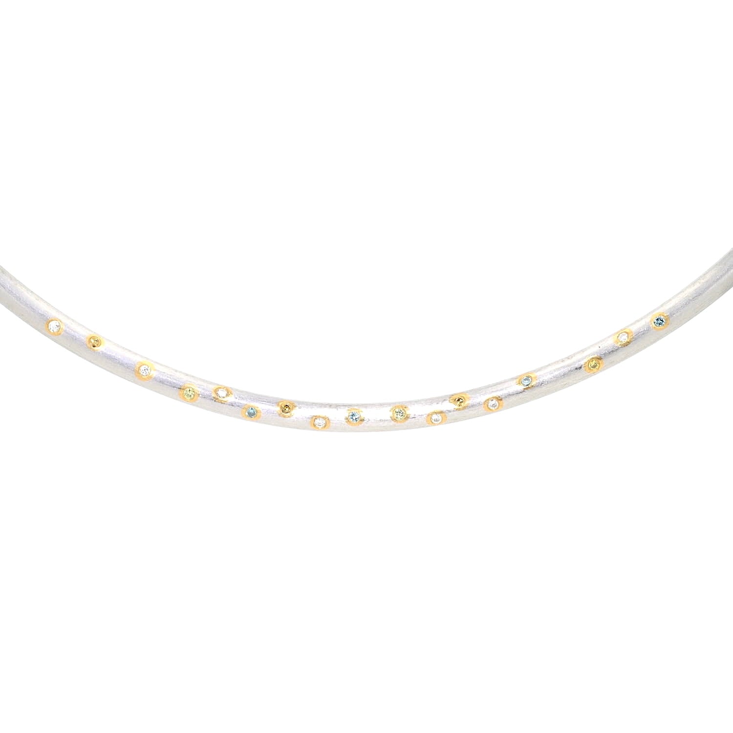 Henrich & Denzel necklace in 950 Paltin with white and colored diamonds, hanging close-up with diamonds